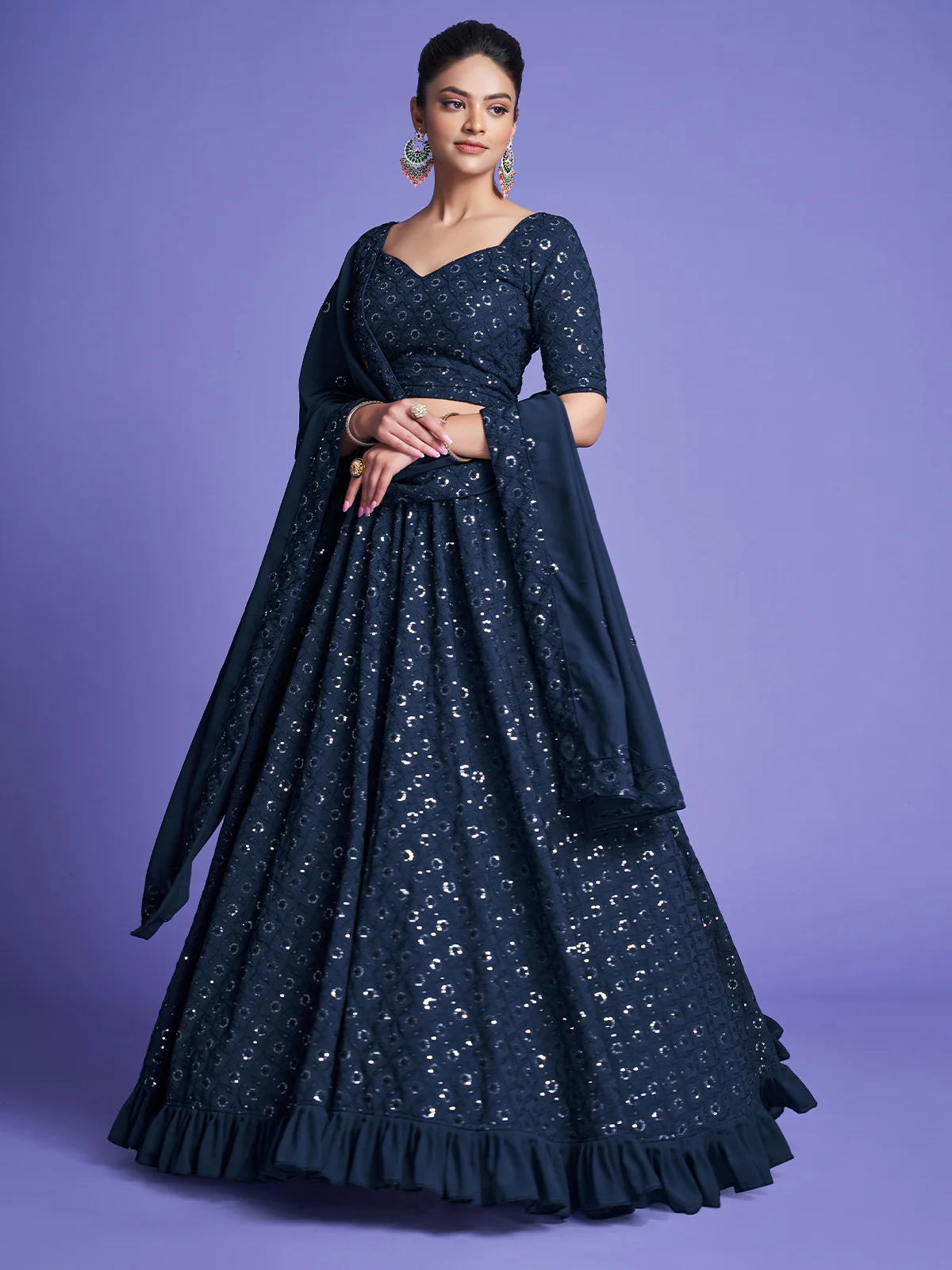 Odette Women Teal Georgette Embroidered Semi Stitched Lehenga With Unstitched Blouse