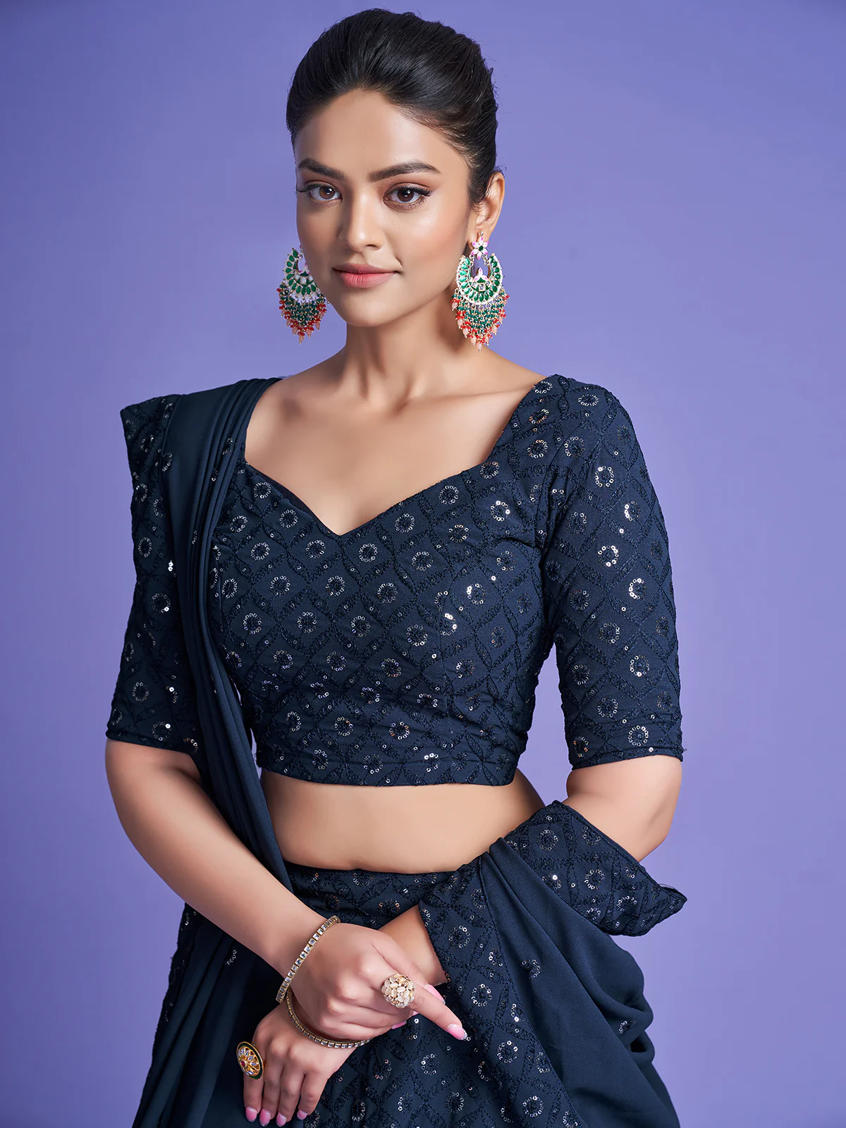 Odette Women Teal Georgette Embroidered Semi Stitched Lehenga With Unstitched Blouse - Image 4