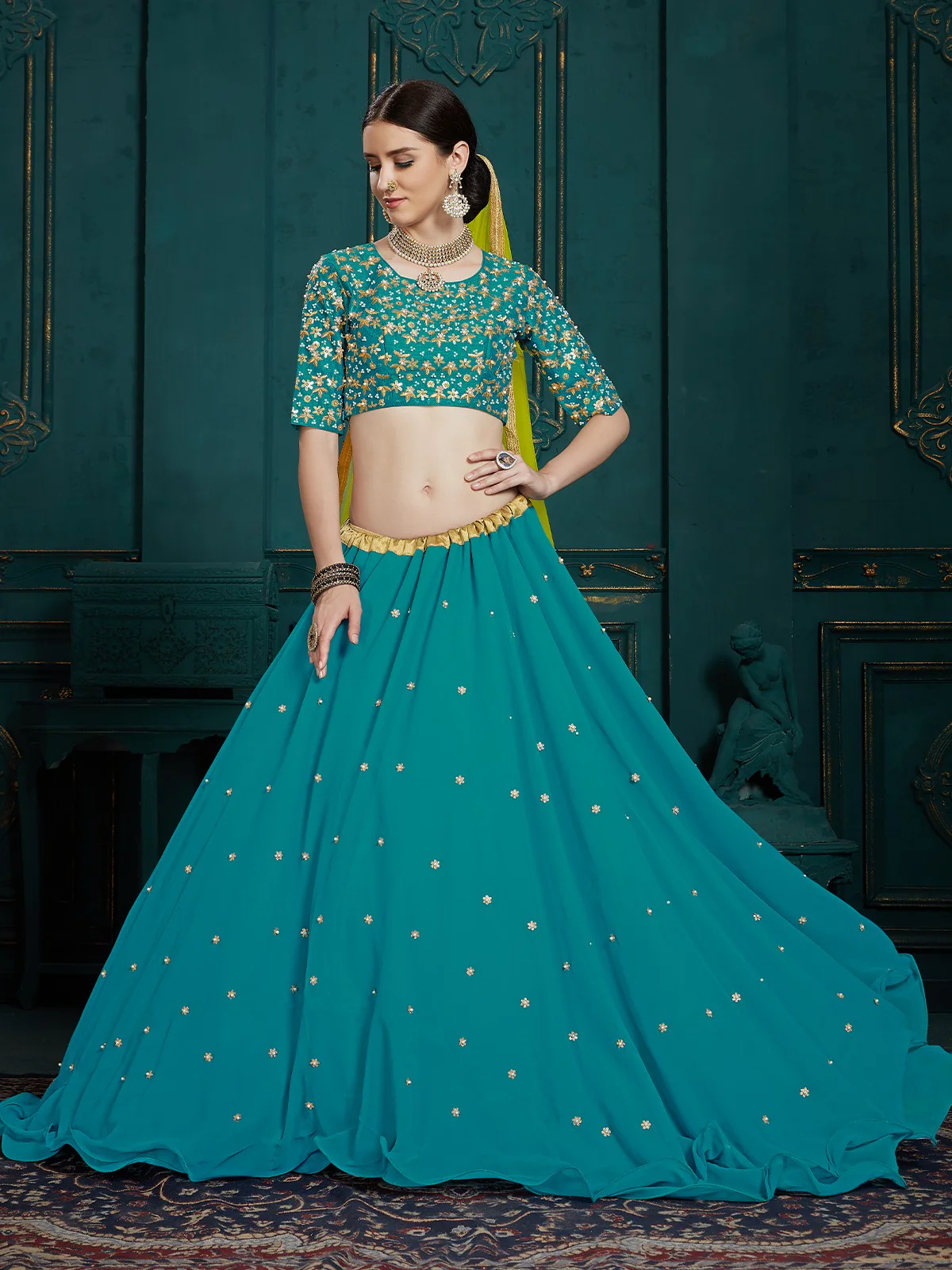 Odette Women Teal Georgette Sassy Semi Stitched Lehenga With Unstitched Blouse - Image 2