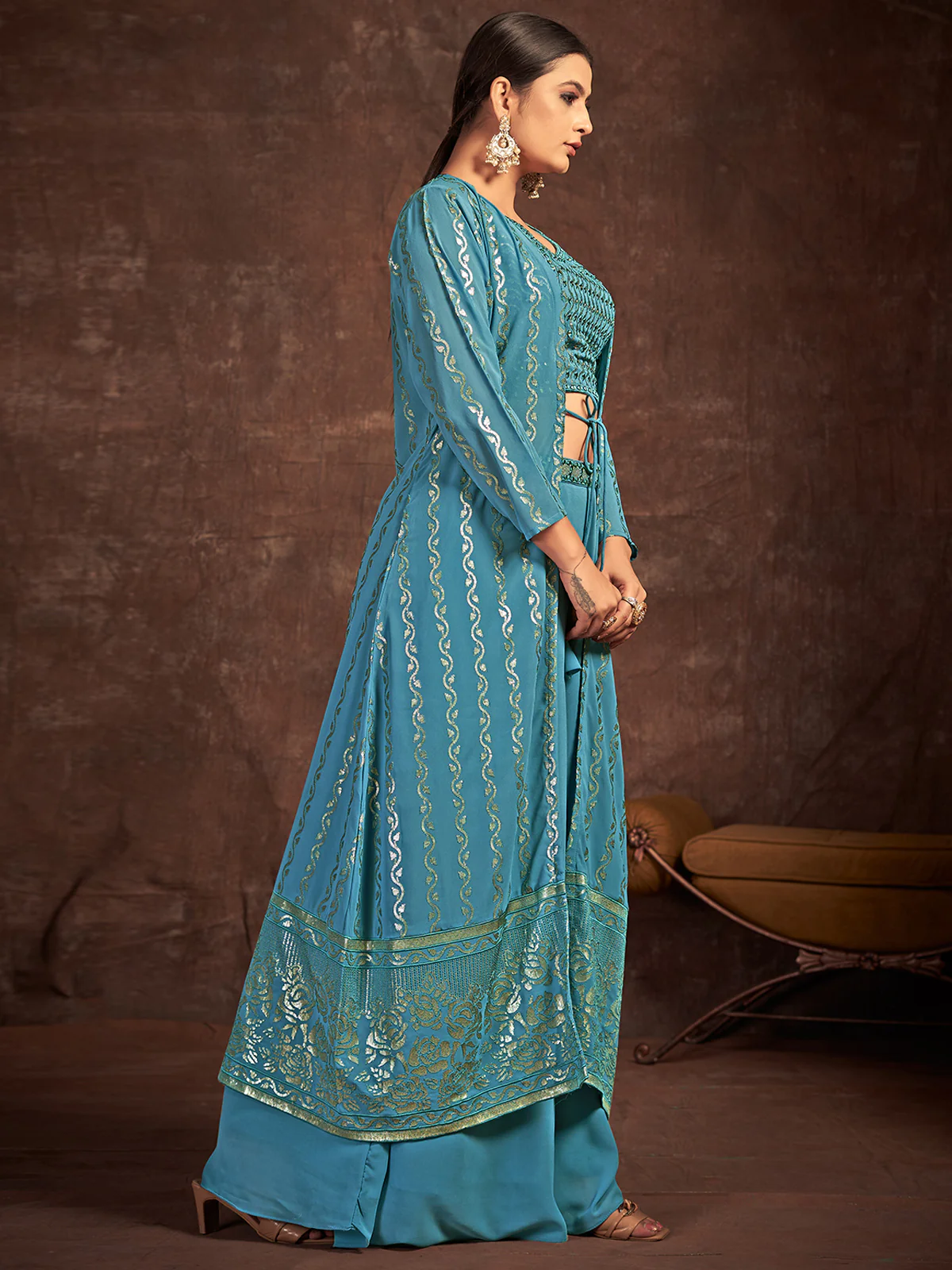Odette Women Teal Georgette Stitched Sequins Indo Western - Image 3