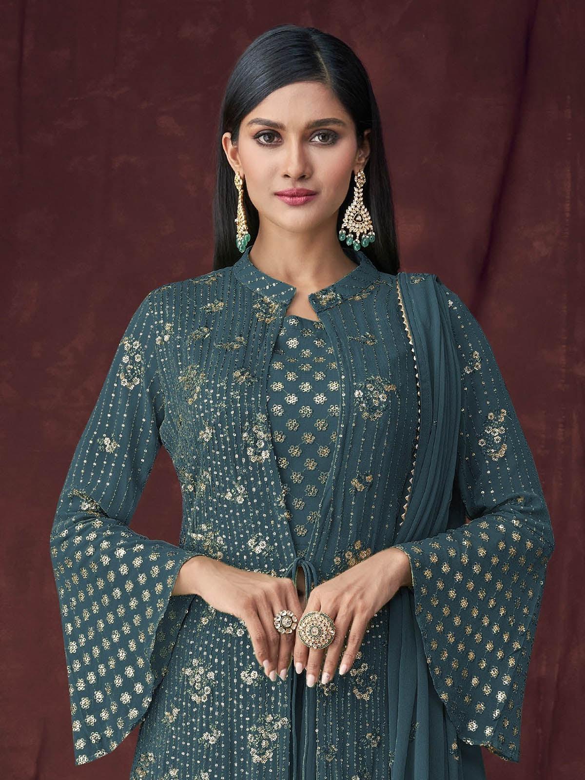Odette Women Teal Semi Stitched Kurta Set With Overlay - Image 2