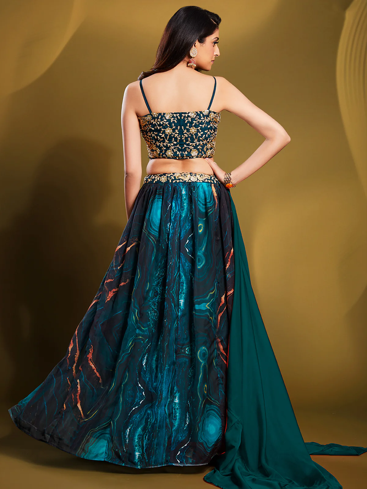 Odette Women Teal Organza Printed Semi Stitched Lehenga Choli - Image 4
