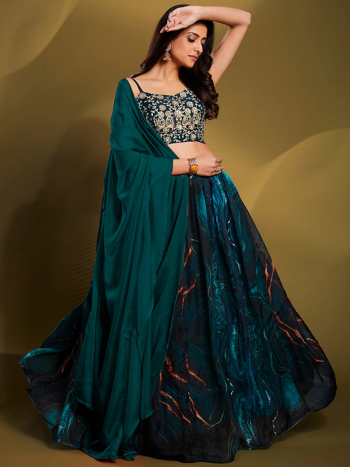 Odette Women Teal Organza Printed Semi Stitched Lehenga Choli - Image 5