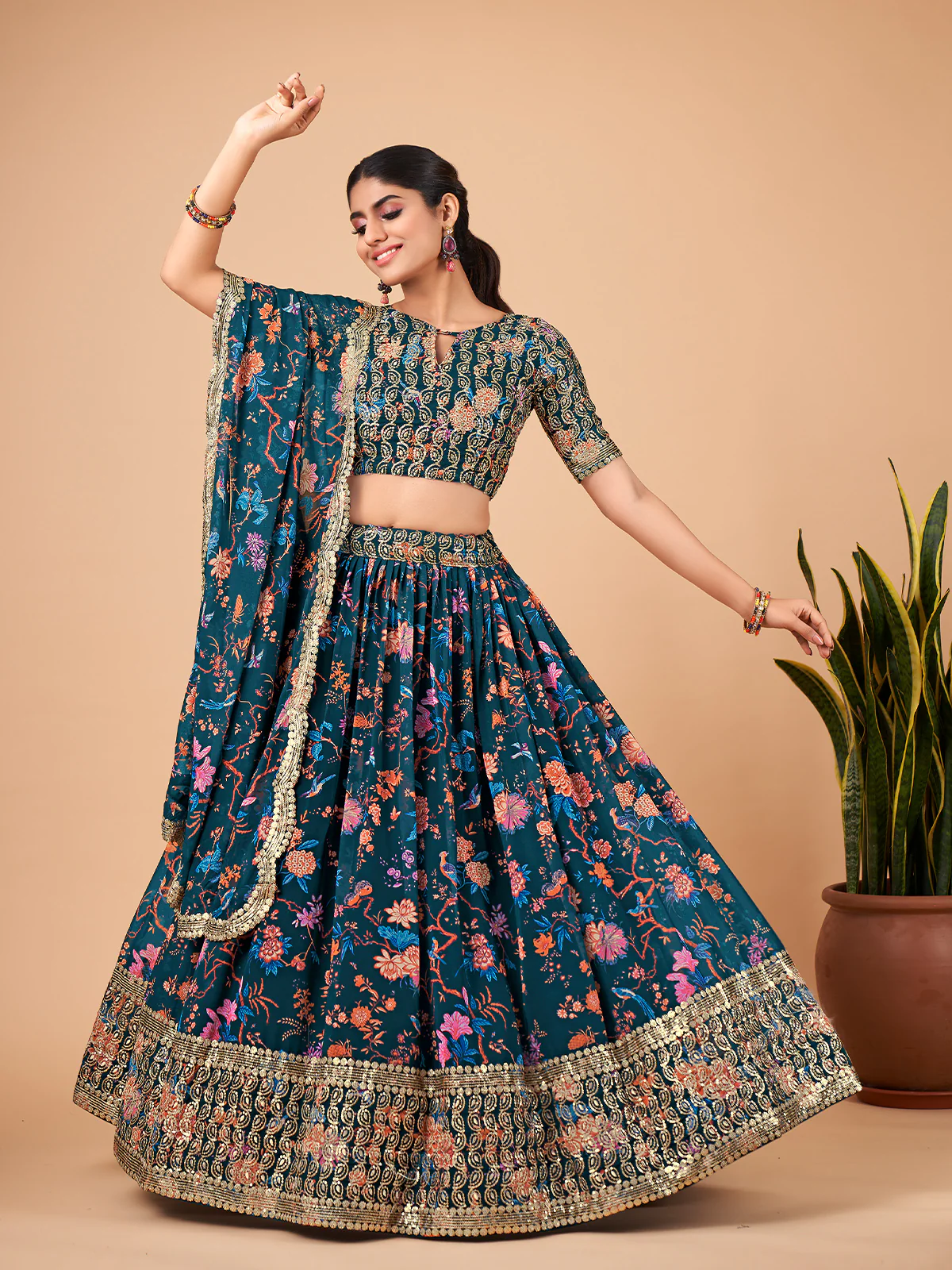 Odette Women Teal Printed And Embroidered Semi Stitched Lehenga With  Unstitched Blouse - Image 2