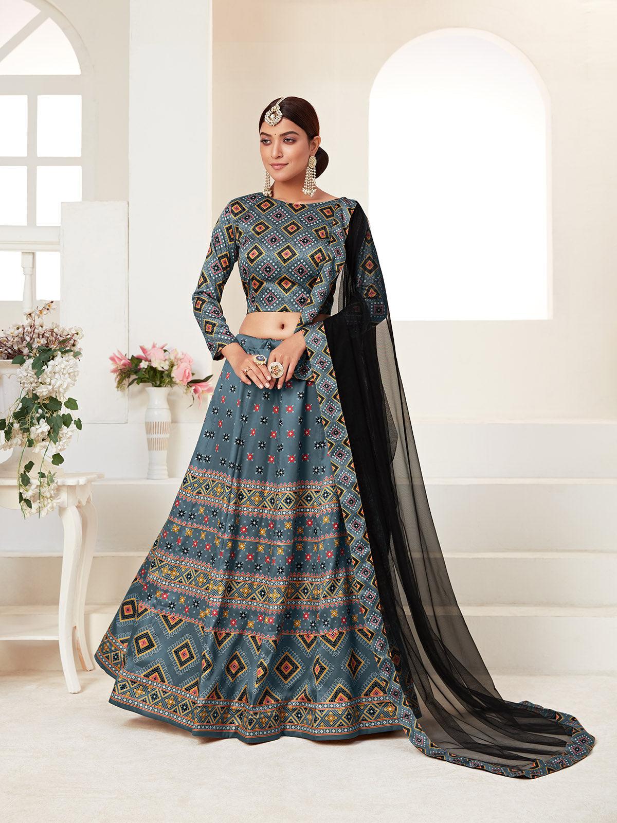 Odette Women Teal Printed Semi Stitched Lehenga With Unstitched Blouse - Image 2