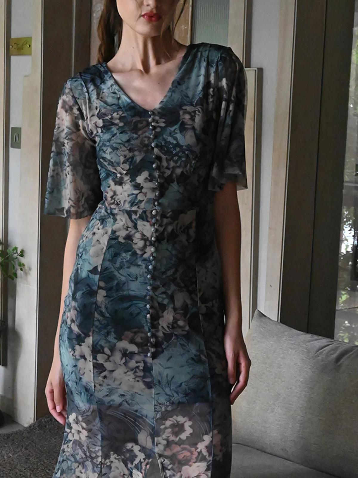 Odette Women Teal Printed Net Lycra Stitched Dress - Image 5
