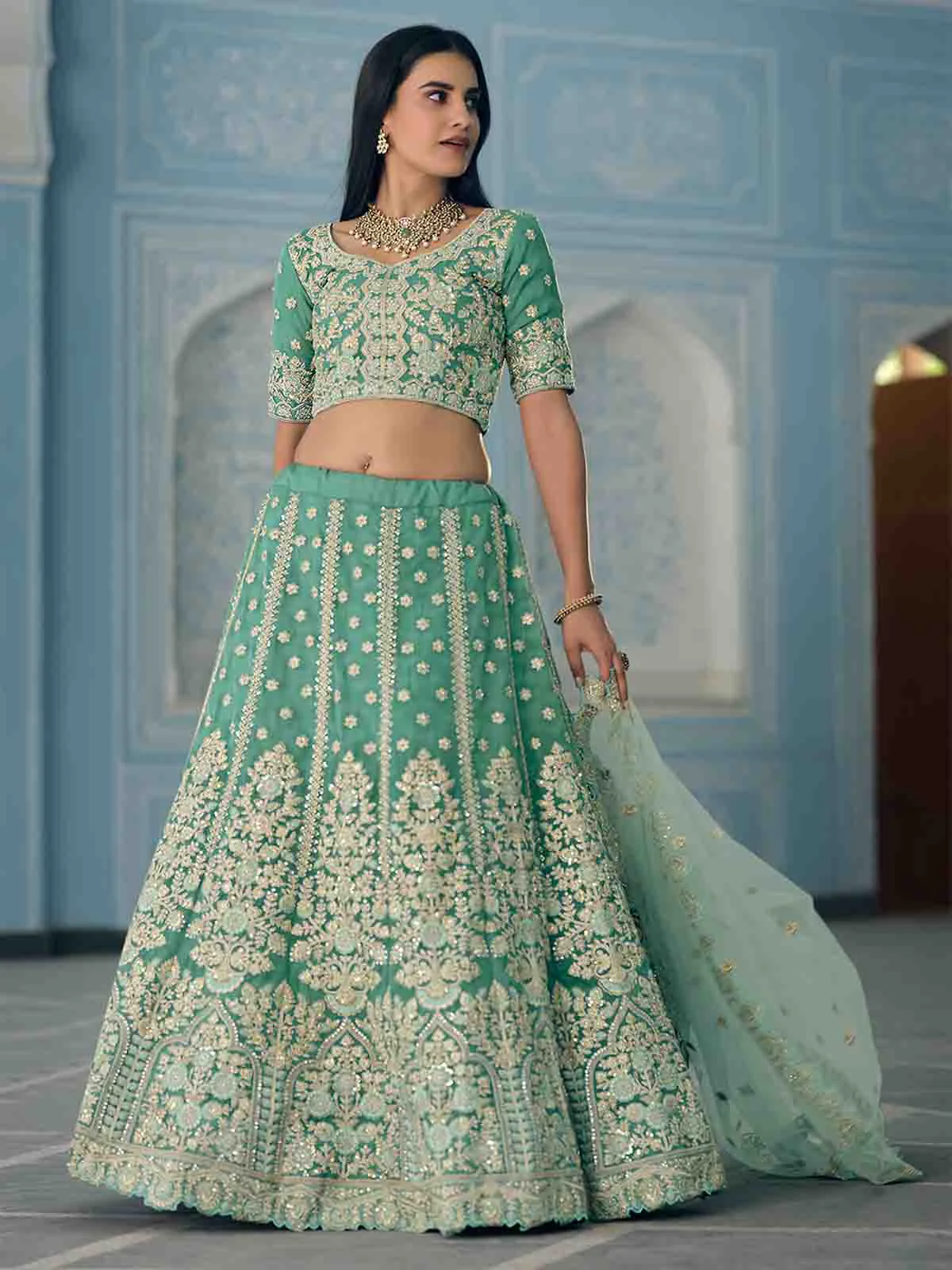 Odette Women Green Sequins Sassy Semi Stitched Lehenga With Unstitched Blouse - Image 2