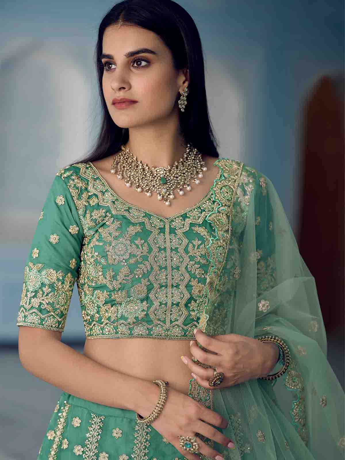 Odette Women Green Sequins Sassy Semi Stitched Lehenga With Unstitched Blouse - Image 3
