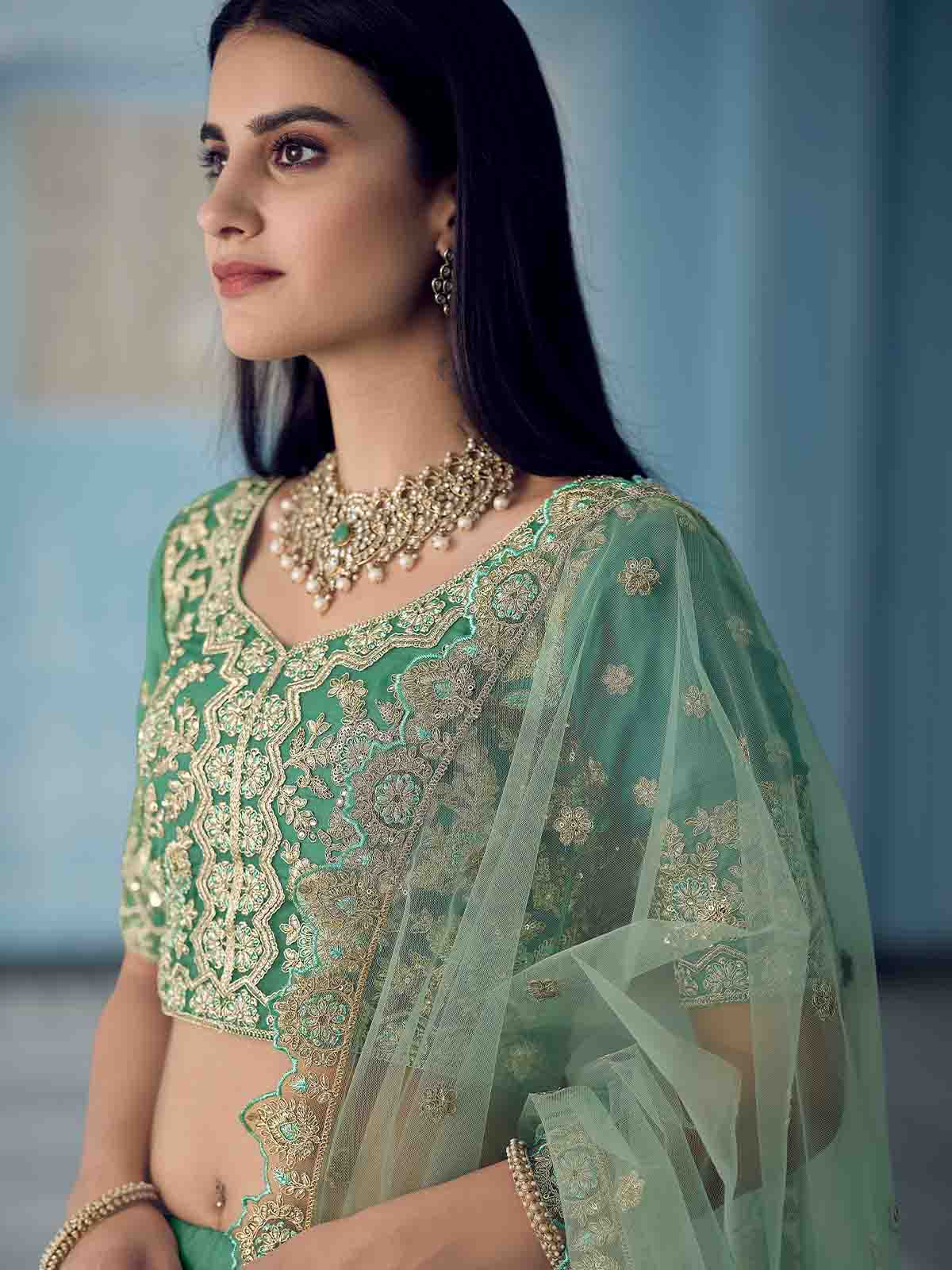 Odette Women Green Sequins Sassy Semi Stitched Lehenga With Unstitched Blouse - Image 4