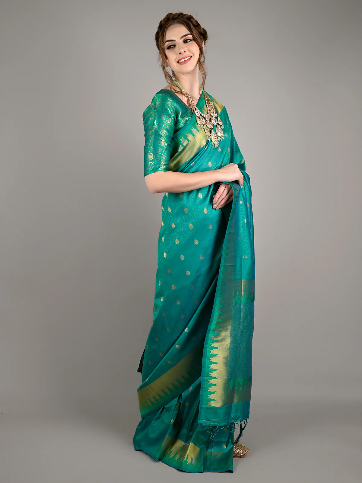 Odette Women Teal Silk Woven Saree With Unstitched Blouse - Image 2