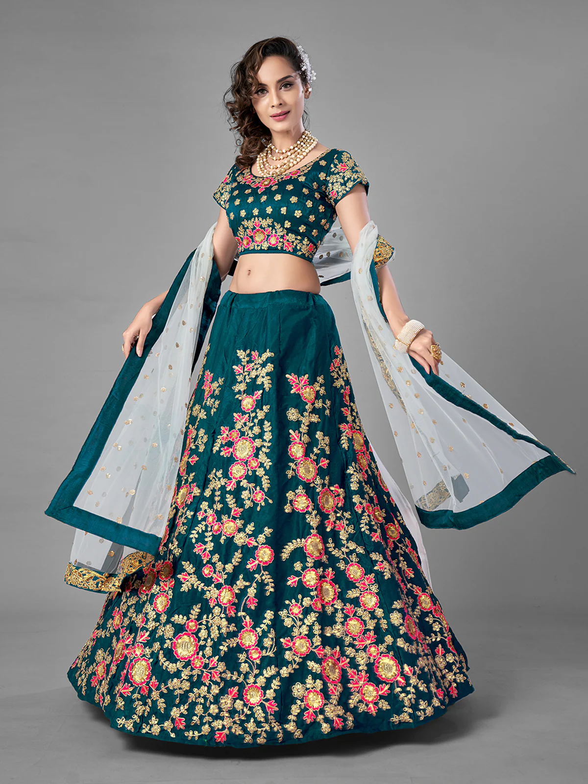 Odette Women Teal Satin Velvet Semi Stitched Lehenga With Unstitched Blouse - Image 2