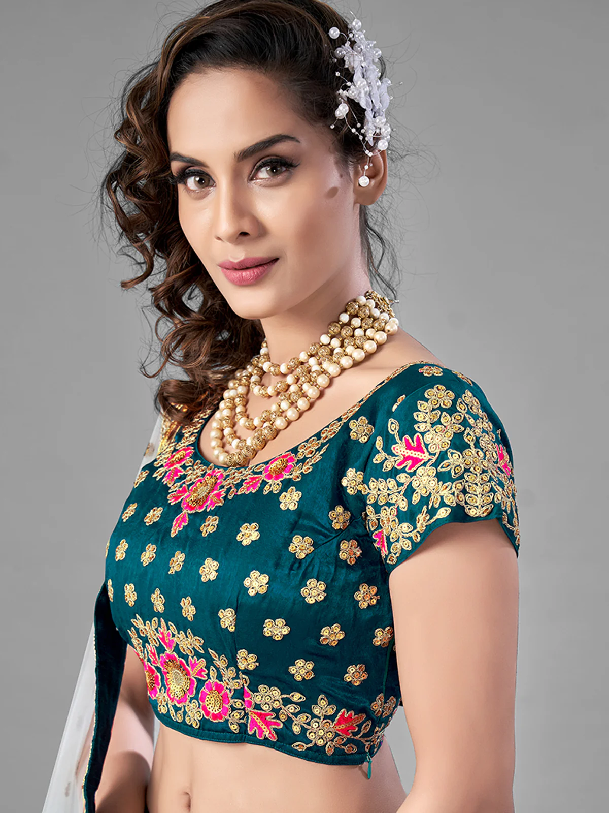 Odette Women Teal Satin Velvet Semi Stitched Lehenga With Unstitched Blouse - Image 3