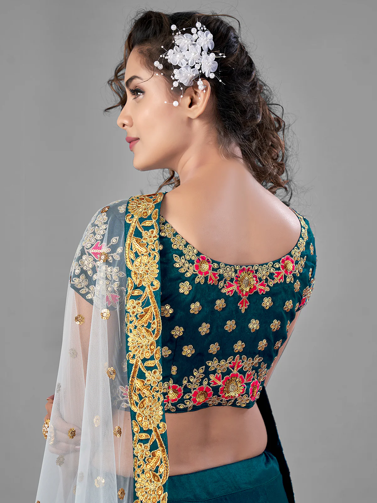 Odette Women Teal Satin Velvet Semi Stitched Lehenga With Unstitched Blouse - Image 4