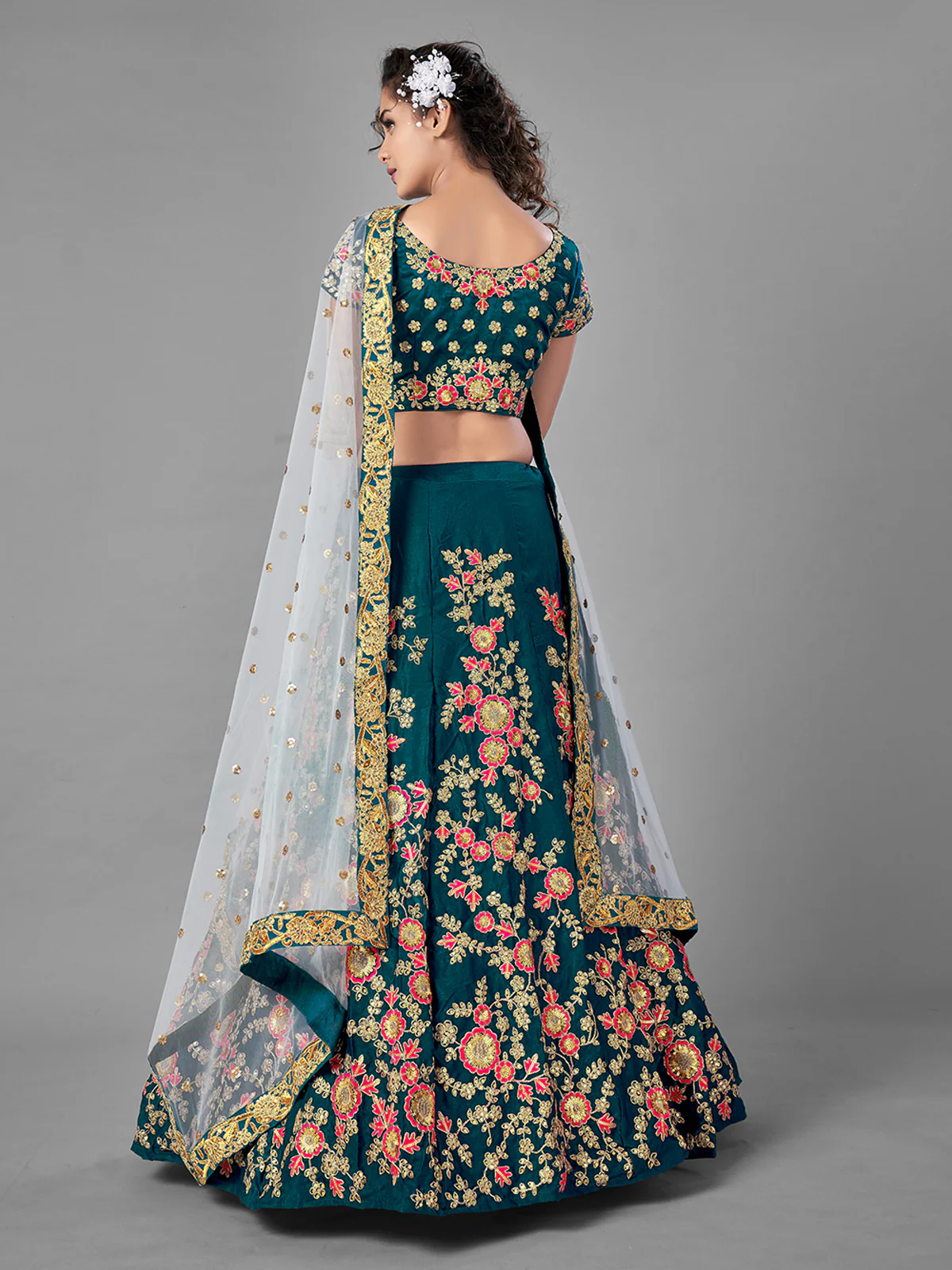 Odette Women Teal Satin Velvet Semi Stitched Lehenga With Unstitched Blouse - Image 5