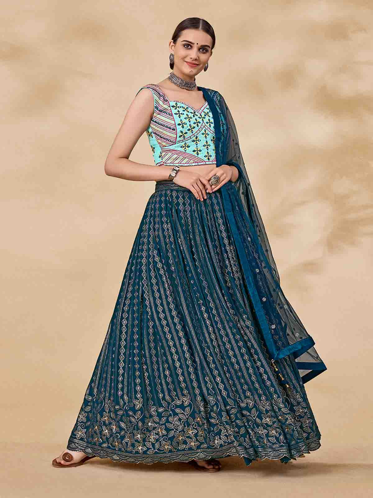 Odette Women Teal Embroidered Semi Stitched Lehenga With Unstitched Blouse - Image 2