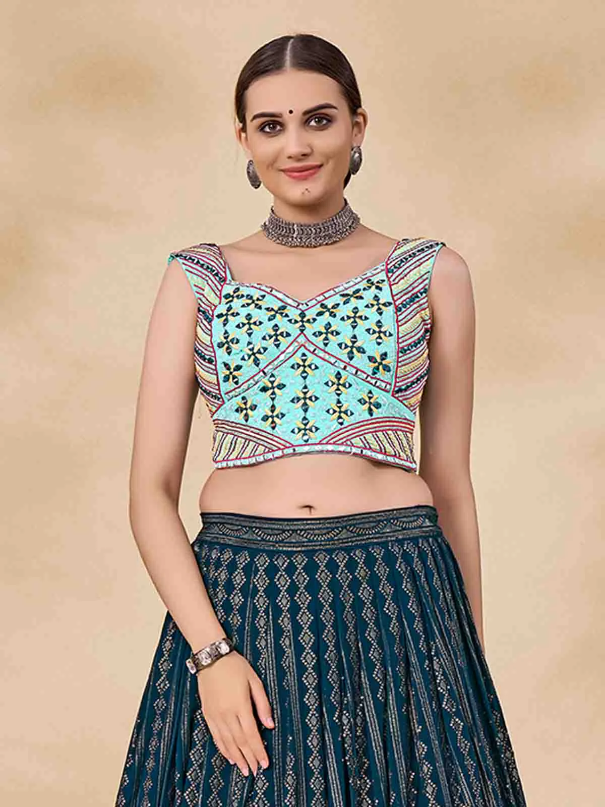 Odette Women Teal Embroidered Semi Stitched Lehenga With Unstitched Blouse - Image 4