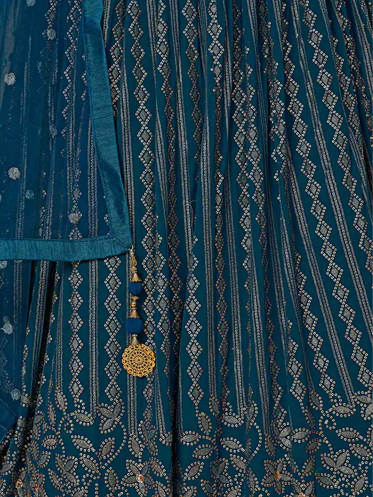 Odette Women Teal Embroidered Semi Stitched Lehenga With Unstitched Blouse - Image 6