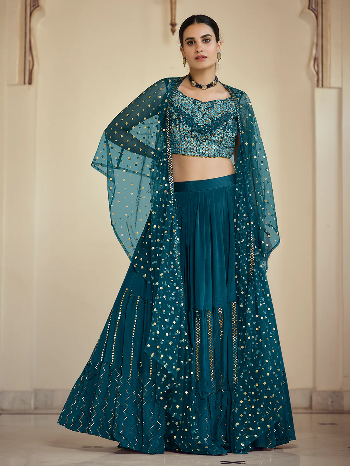 Odette Women Teal Embroidered Crepe Semi Stitched Lehenga With Unstitched Blouse