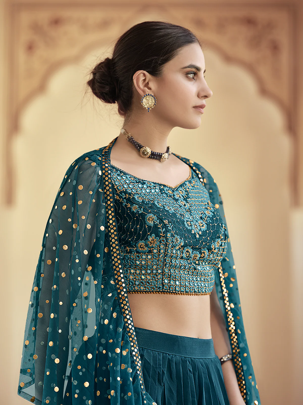 Odette Women Teal Embroidered Crepe Semi Stitched Lehenga With Unstitched Blouse - Image 3