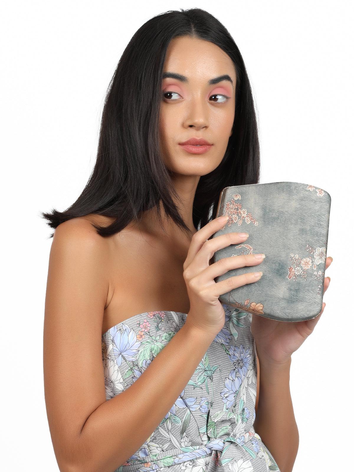 Odette Women Textured Grey Floral Sling Bag