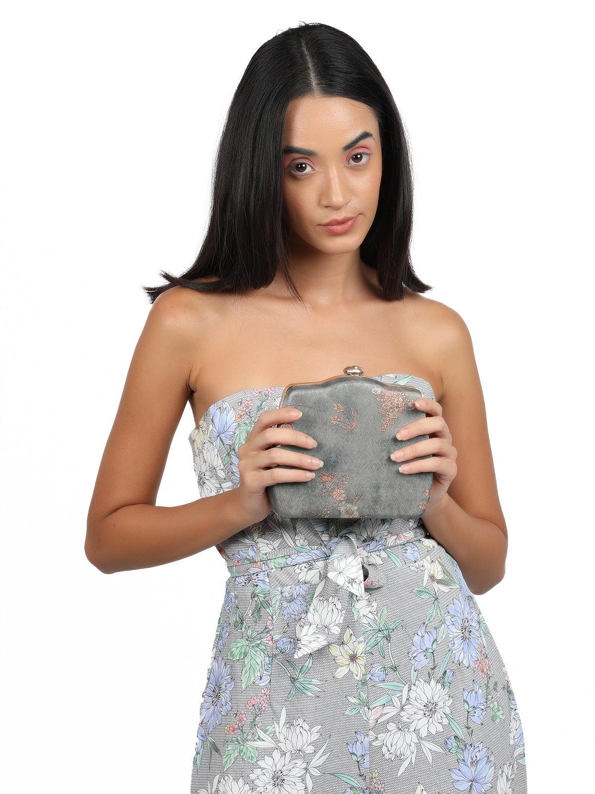 Odette Women Textured Grey Floral Sling Bag - Image 2