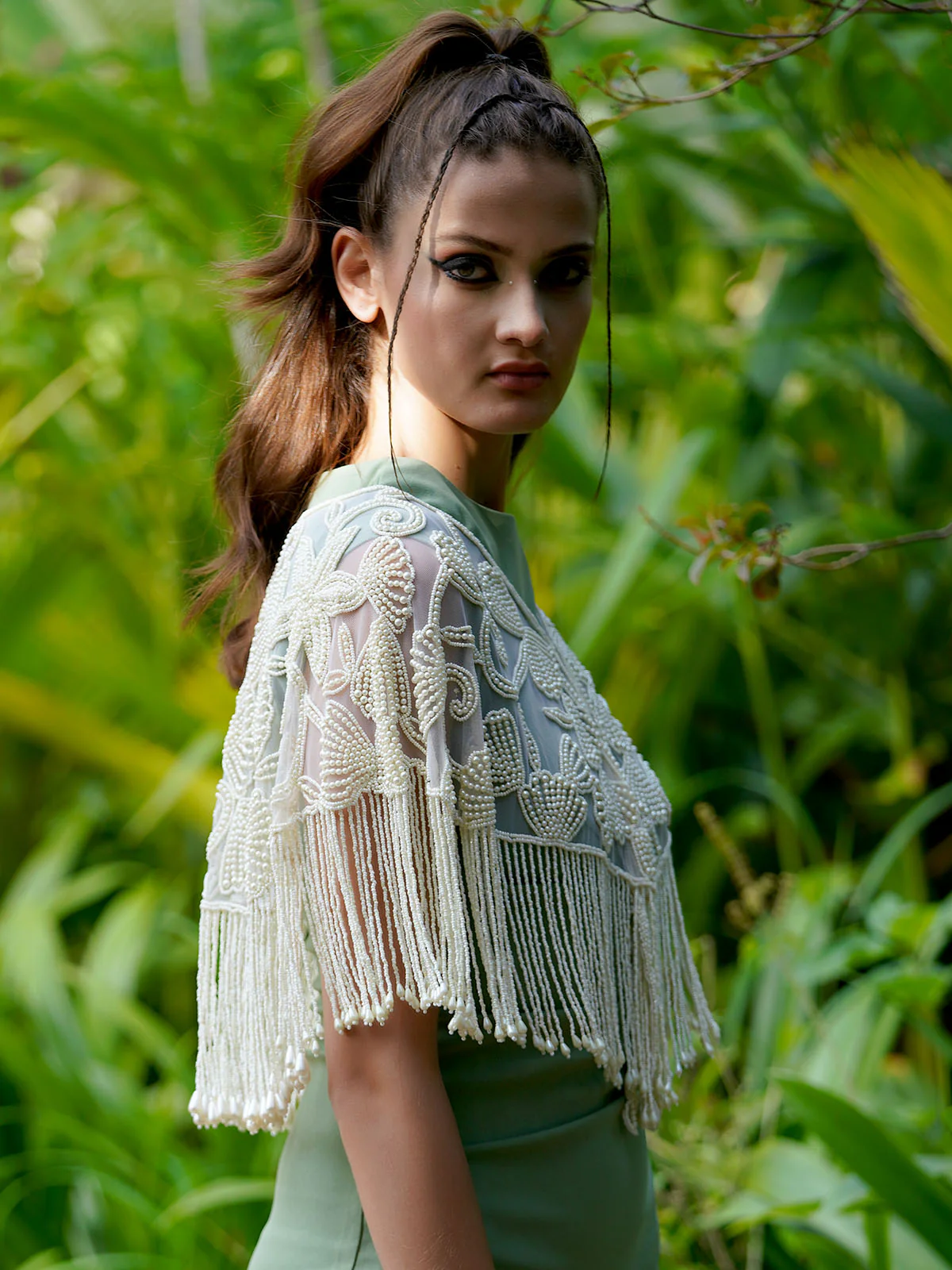 Odette Women The Glamorous Apricot Colored Embroidered Tassels Cape - Image 4