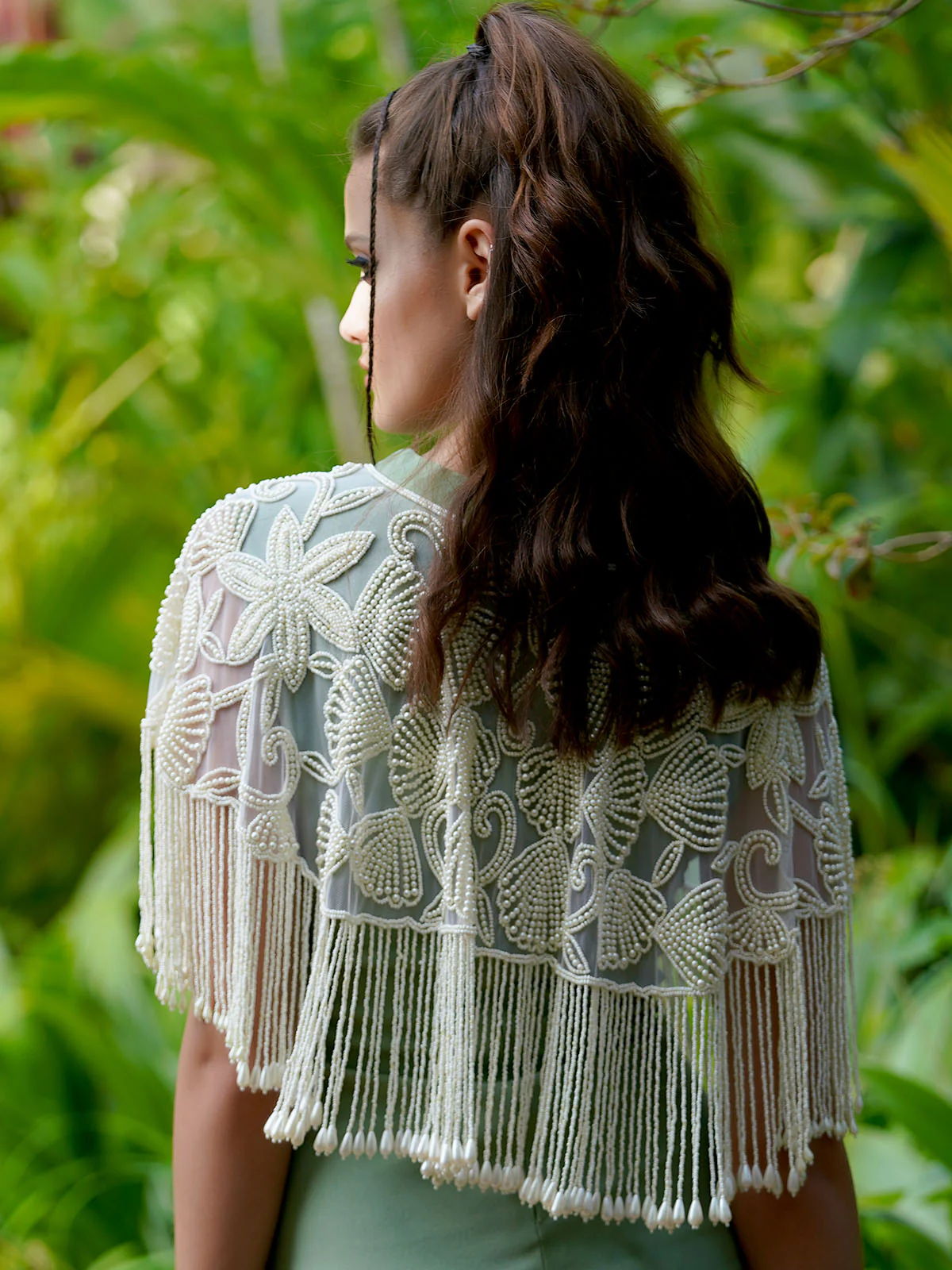 Odette Women The Glamorous Apricot Colored Embroidered Tassels Cape - Image 5