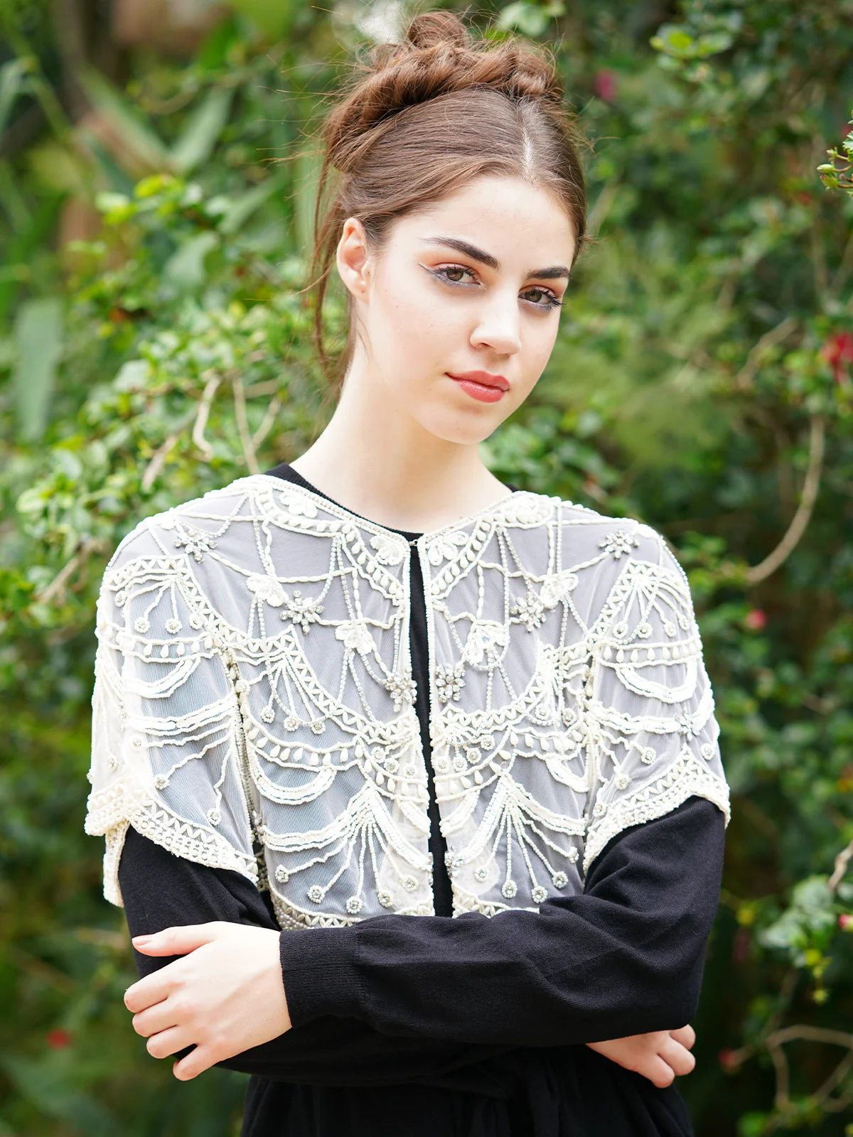 Odette Women The Glamorous Apricot Embroidered And Tasseled Cape - Image 3