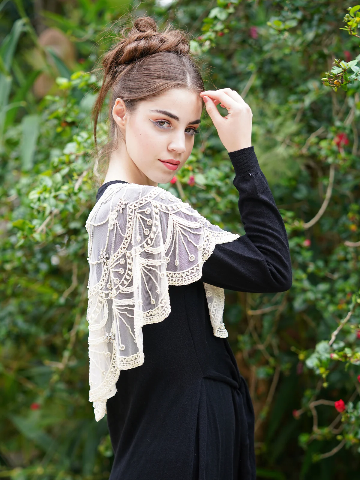 Odette Women The Glamorous Apricot Embroidered And Tasseled Cape - Image 4