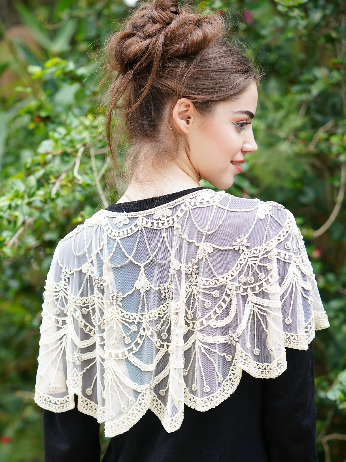 Odette Women The Glamorous Apricot Embroidered And Tasseled Cape - Image 5