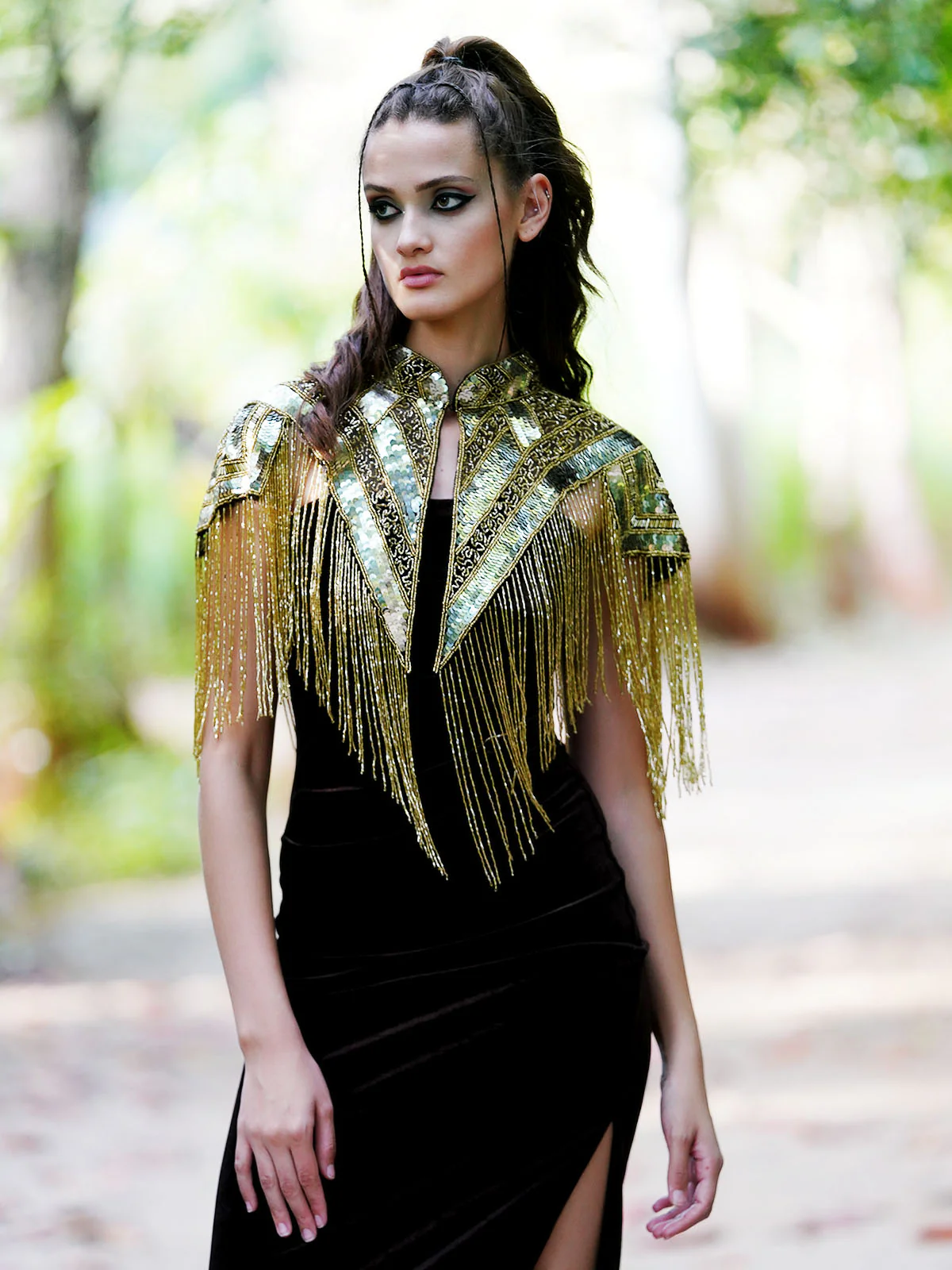 Odette Women The Glamorous Black And Gold Embellished Cape - Image 2