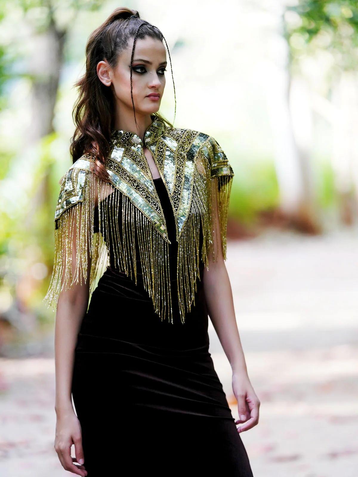 Odette Women The Glamorous Black And Gold Embellished Cape - Image 4