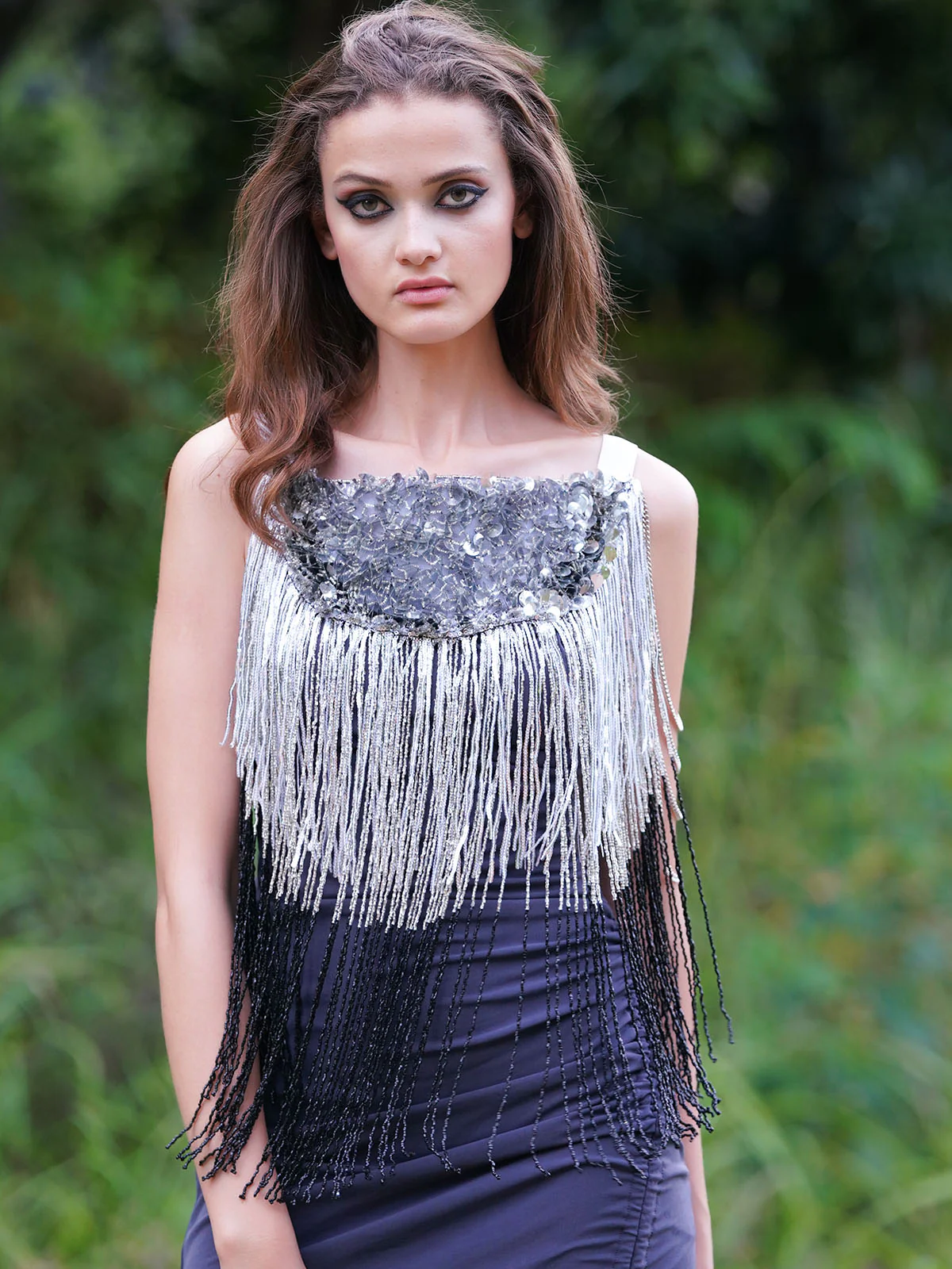 Odette Women The Glamorous Grey And Black Embellished Cape - Image 2