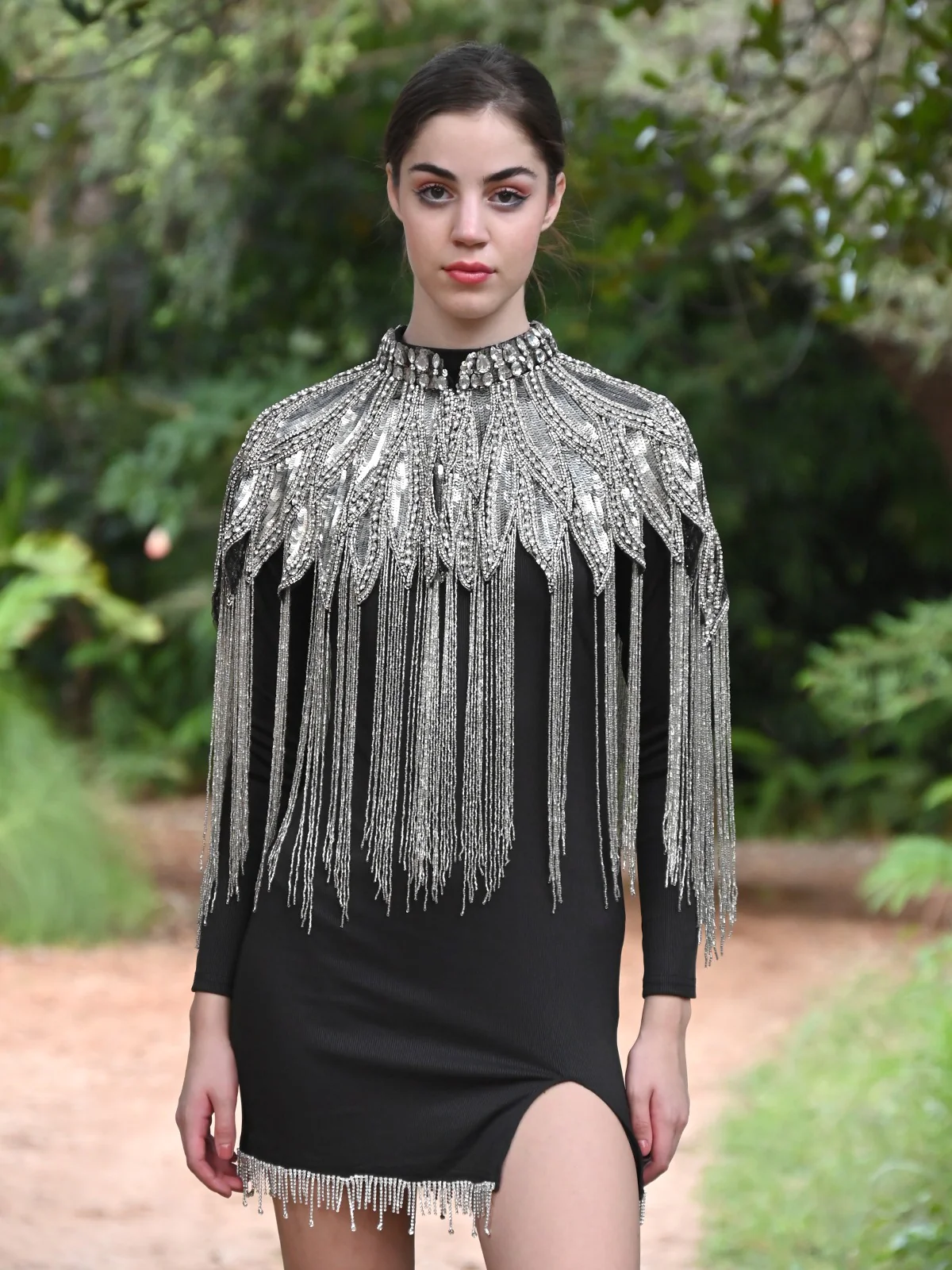Odette Women The Glamorous Grey And Silver Embellished Cape - Image 2