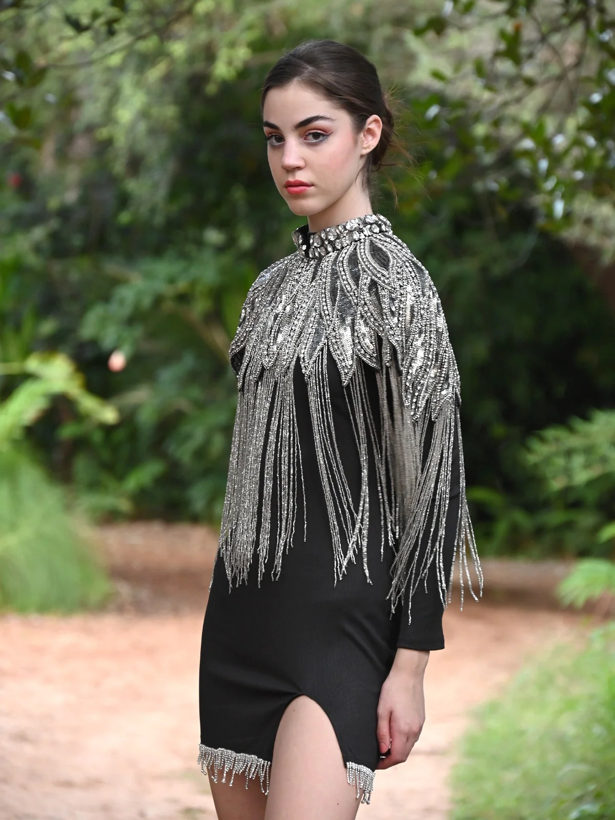 Odette Women The Glamorous Grey And Silver Embellished Cape - Image 3