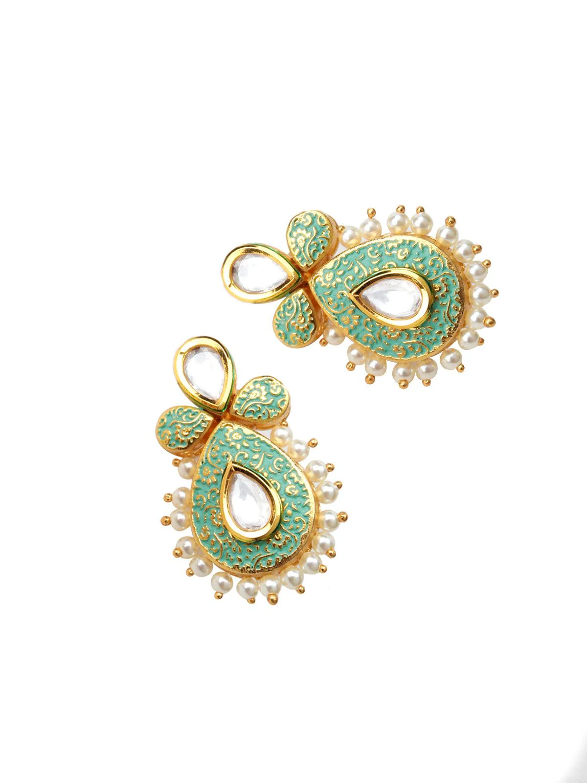 Odette Women Tinted Soothing Green Kundan-Pearl Ethnic Earrings - Image 6