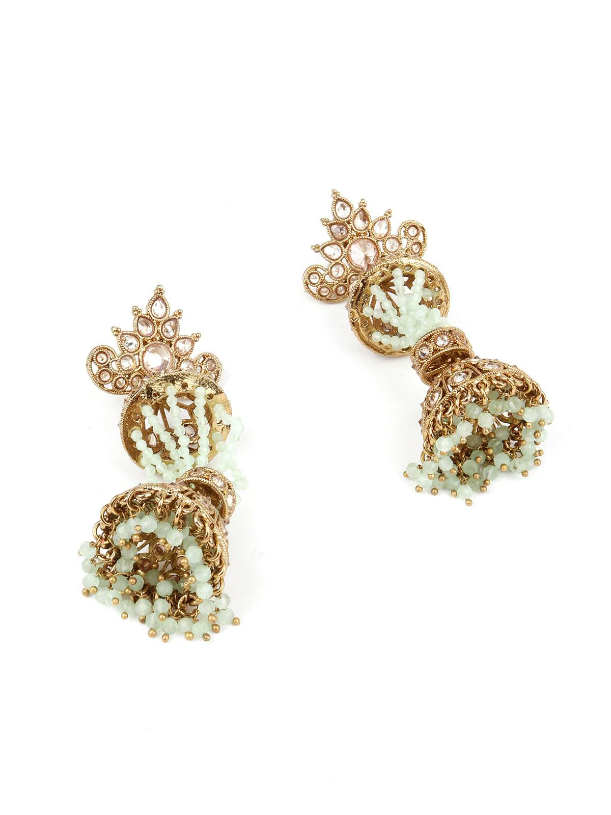 Odette Women Traditional Layered Golden And Green Beaded Earring - Image 5