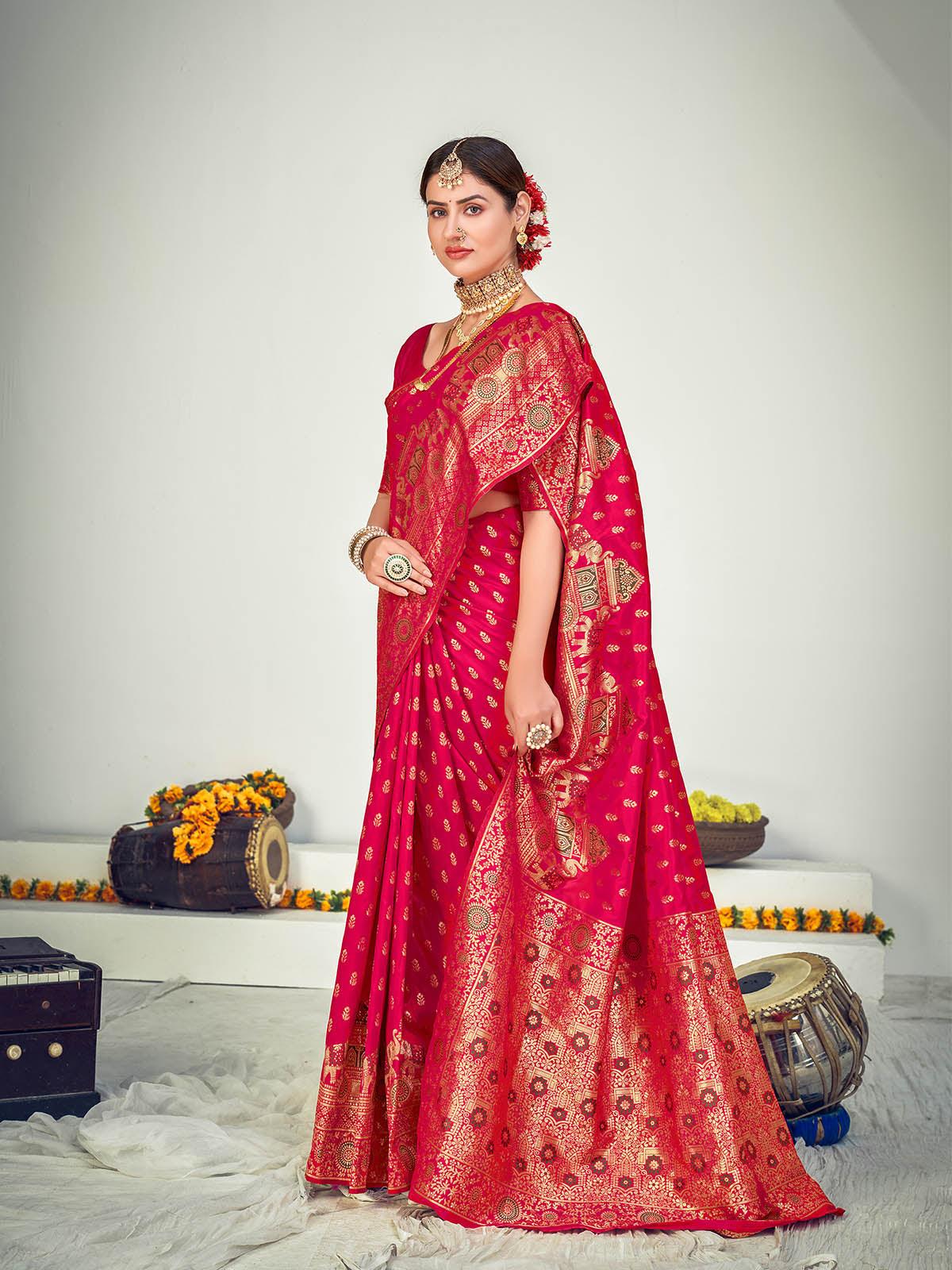 Odette Women Traditional Dark Pink Banarasi Silk Saree With Unstitched Blouse - Image 3