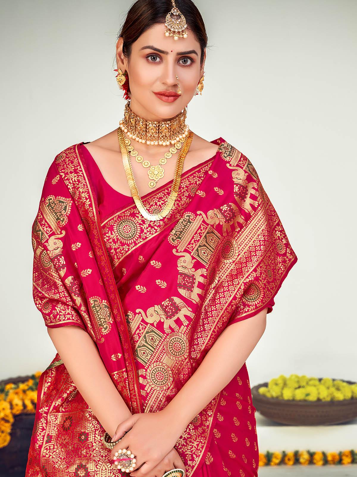 Odette Women Traditional Dark Pink Banarasi Silk Saree With Unstitched Blouse - Image 4