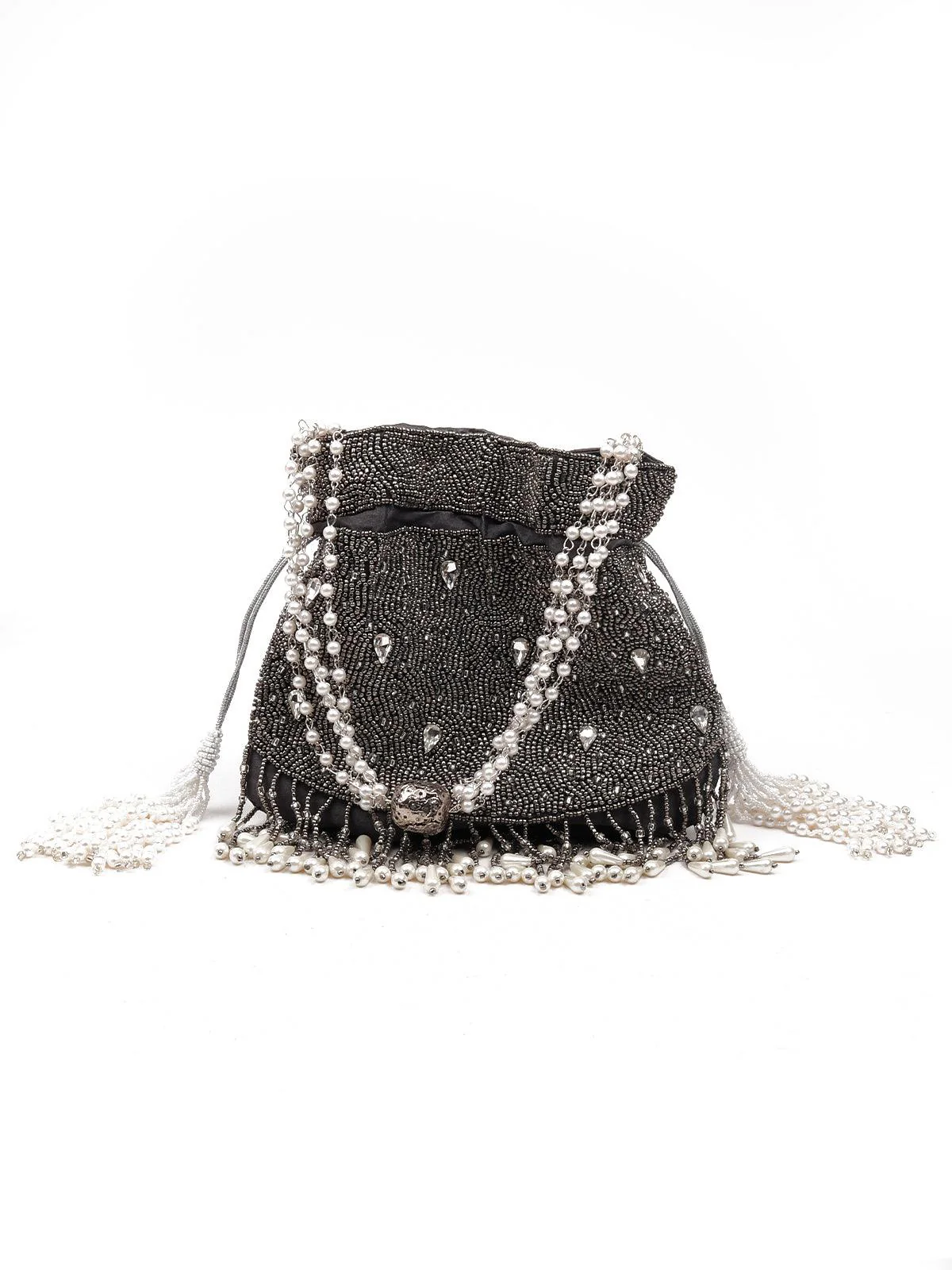 Odette Women Traditional Embellished Grey Potli Bag - Image 2