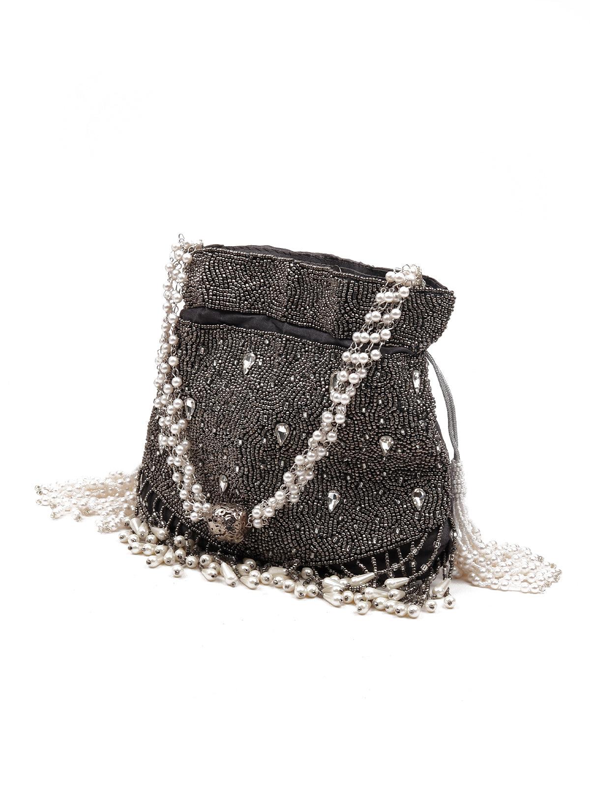 Odette Women Traditional Embellished Grey Potli Bag - Image 3