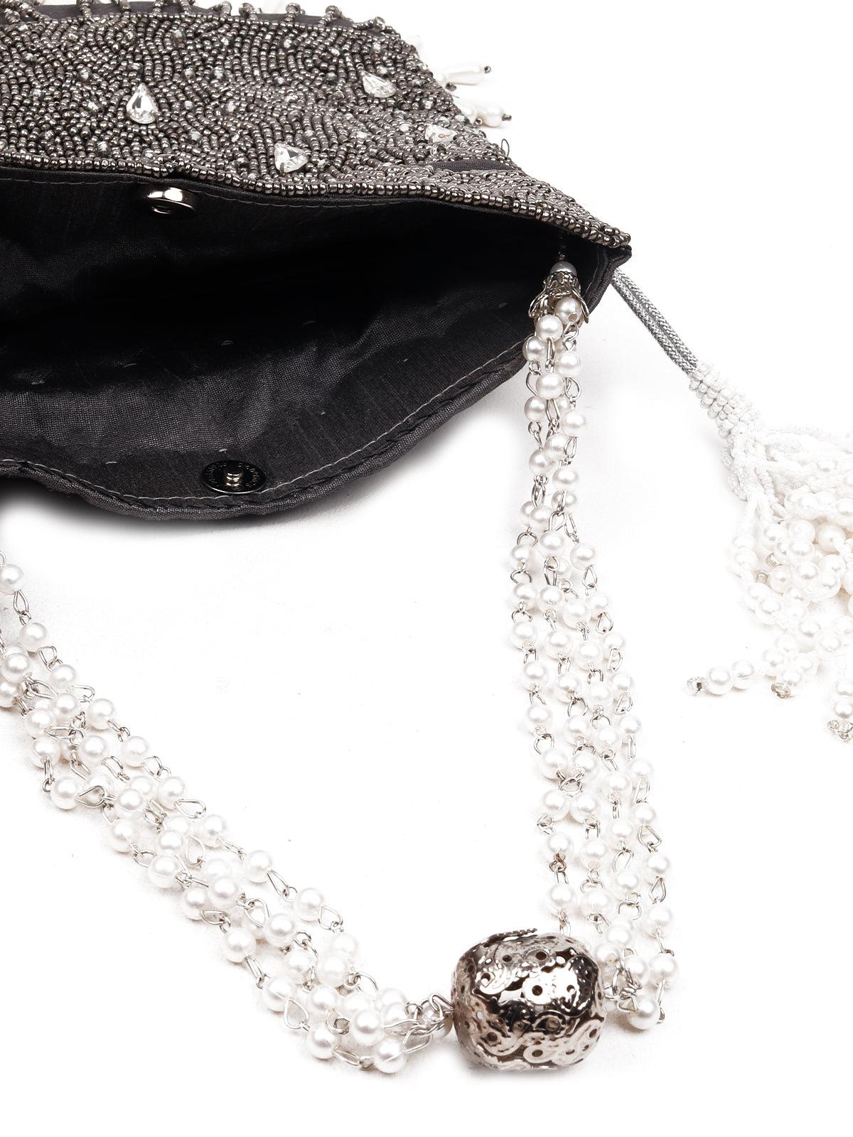 Odette Women Traditional Embellished Grey Potli Bag - Image 5