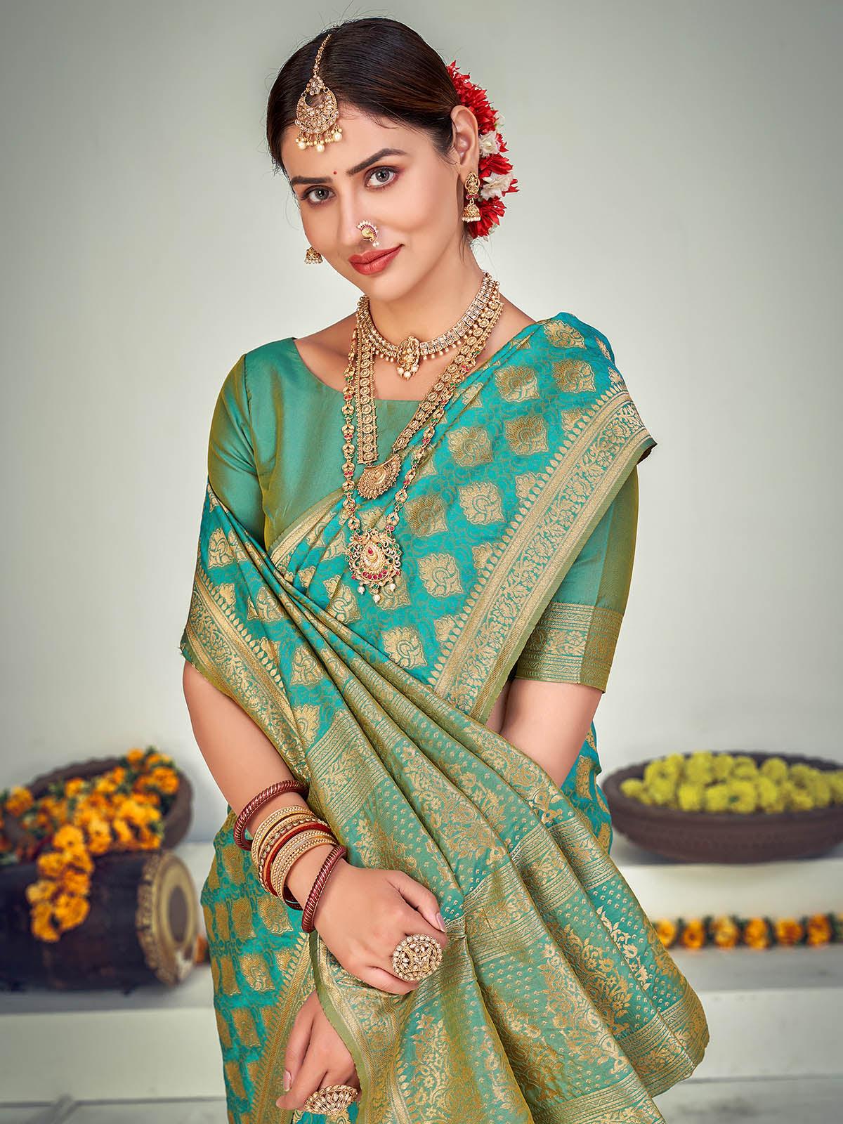Odette Women Traditional Firozi Banarasi Silk Saree With Unstitched Blouse - Image 4