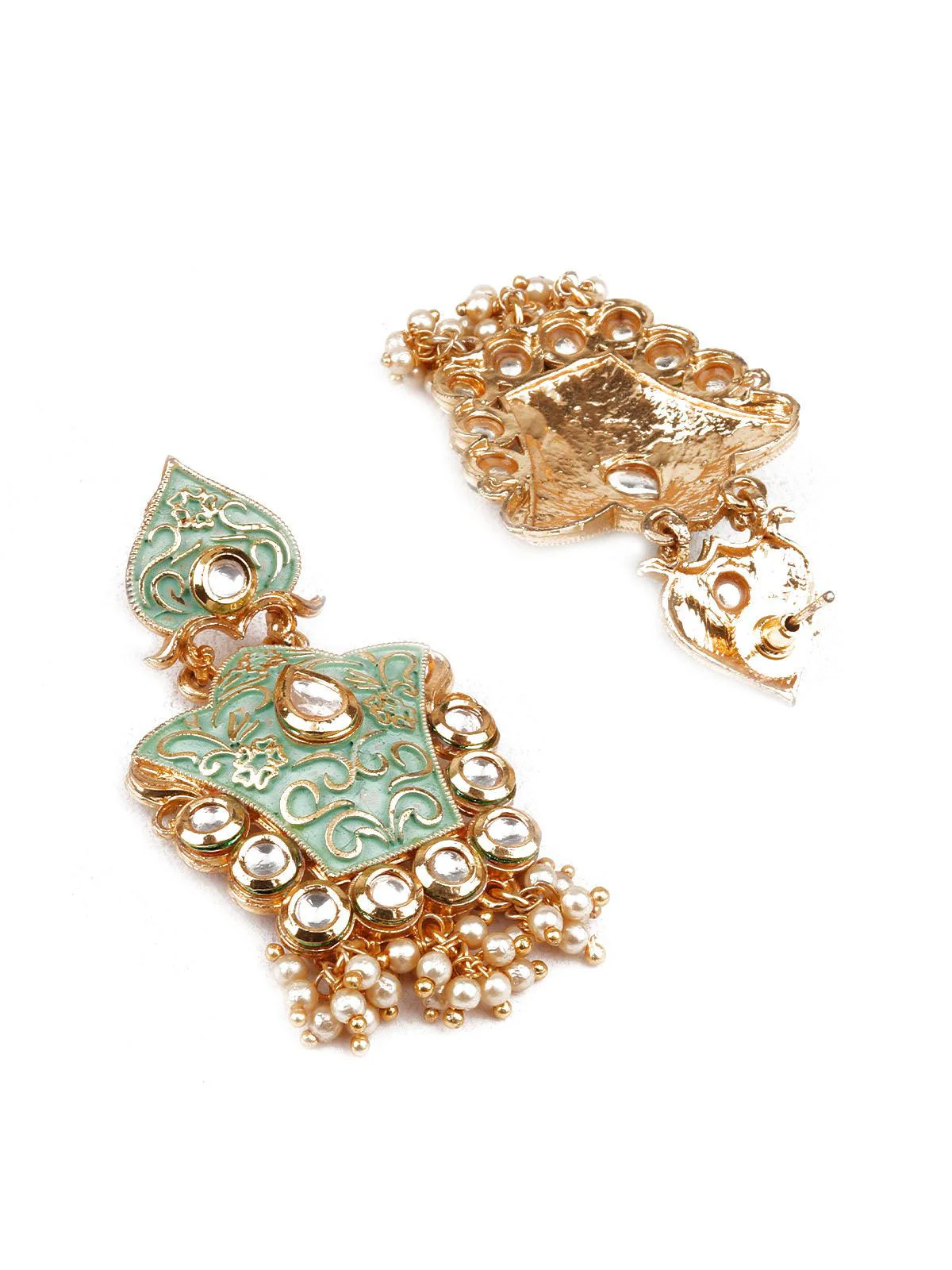 Odette Women Traditional Green And Gold Dangle Earrings - Image 3