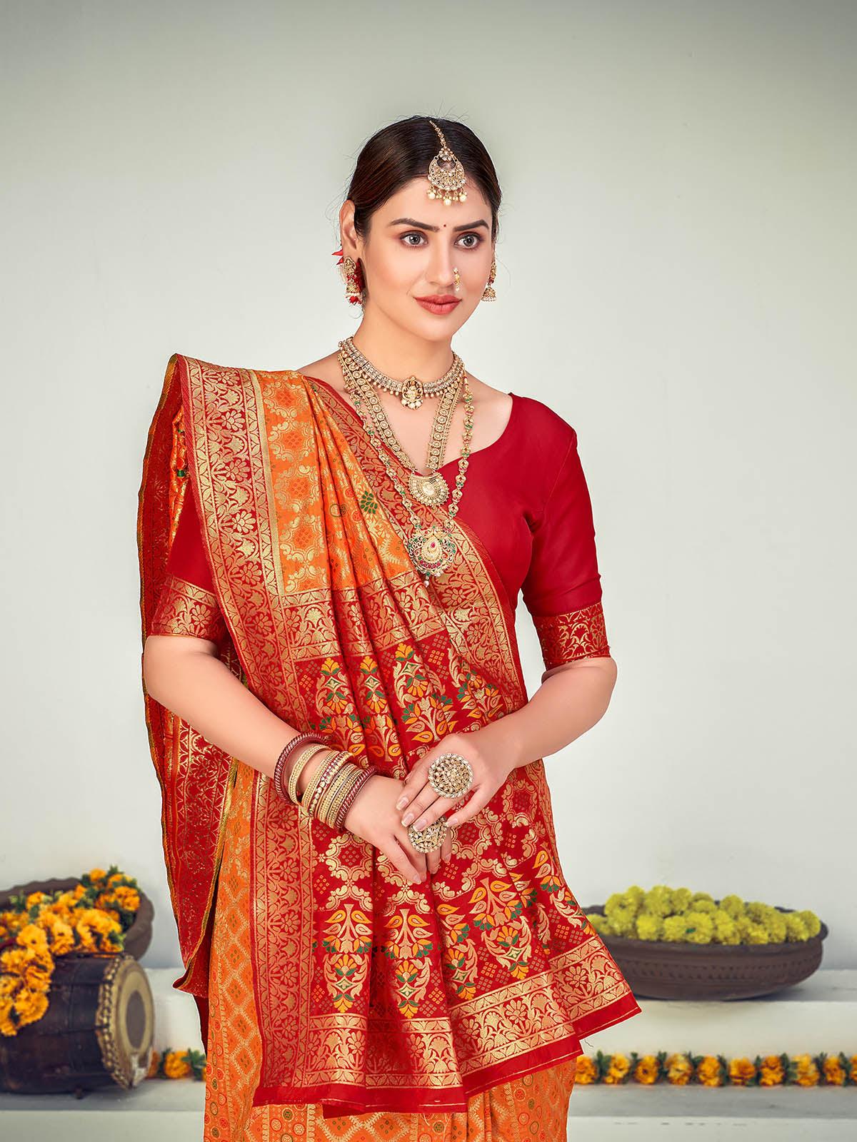 Odette Women Traditional Orange Banarasi Silk Saree With Unstitched Blouse - Image 3