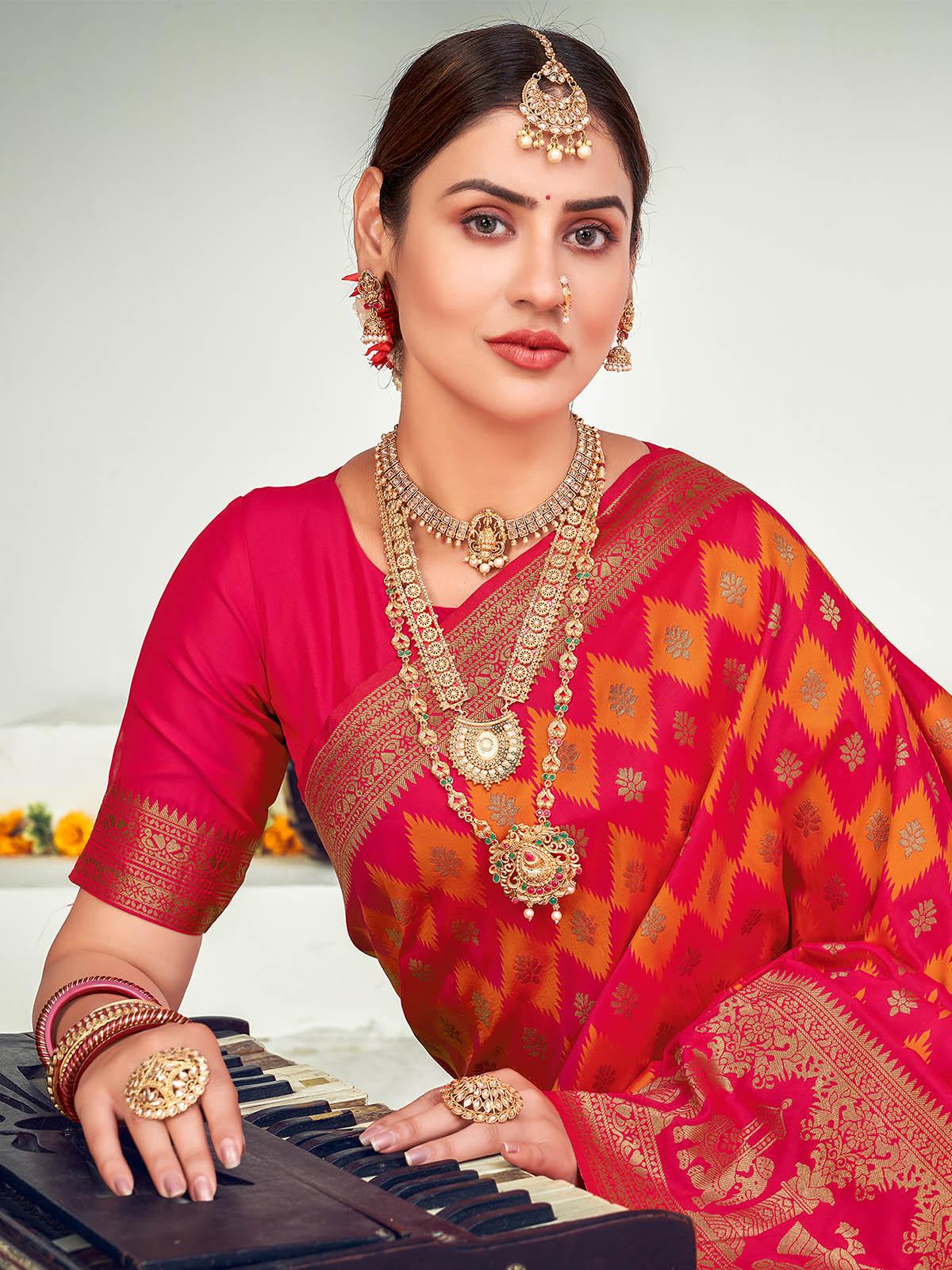 Odette Women Traditional Pink Banarasi Silk Saree With Unstitched Blouse - Image 4