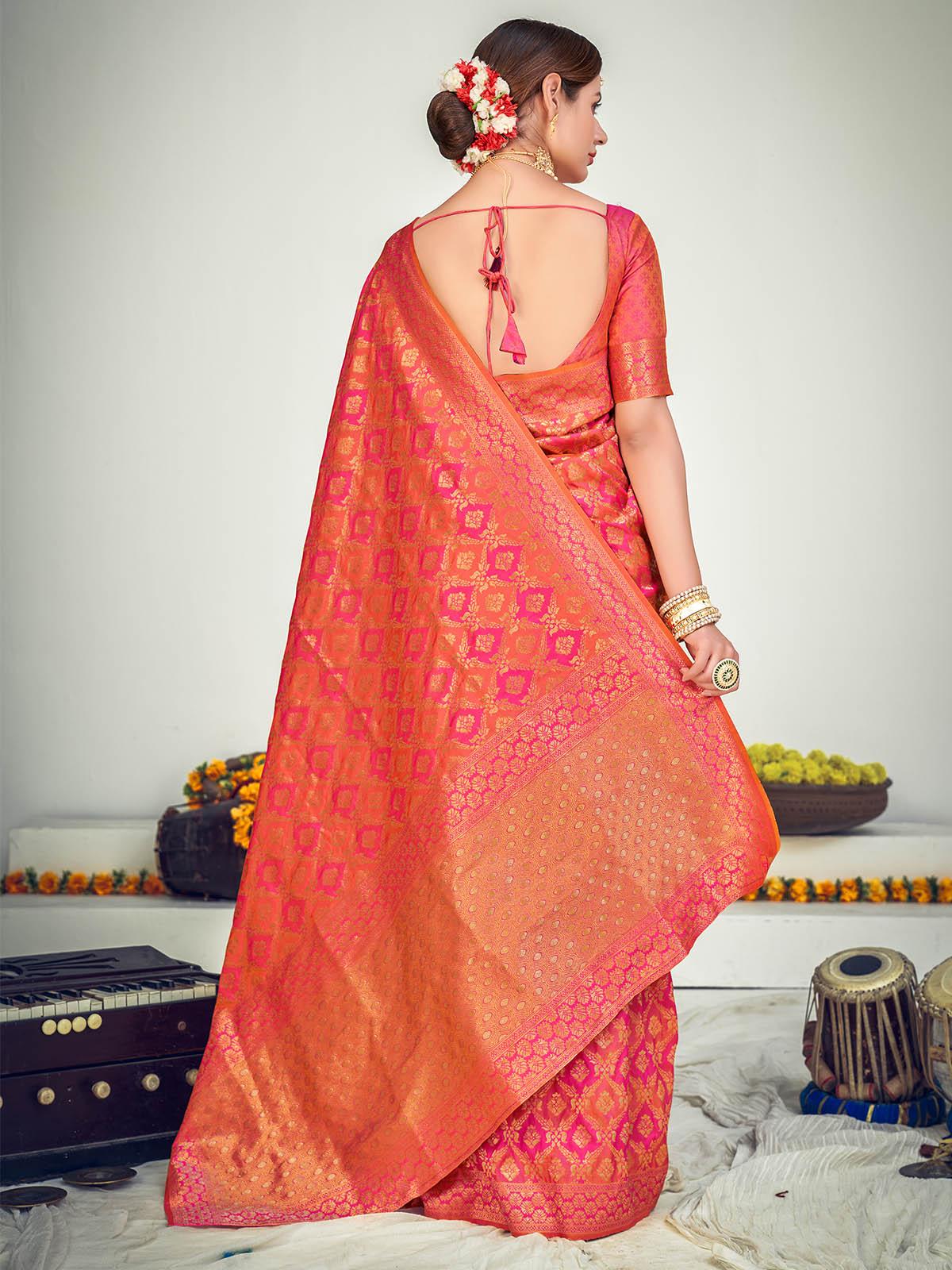 Odette Women Traditional Pink Banarasi Silk Saree With Unstitched Blouse - Image 2