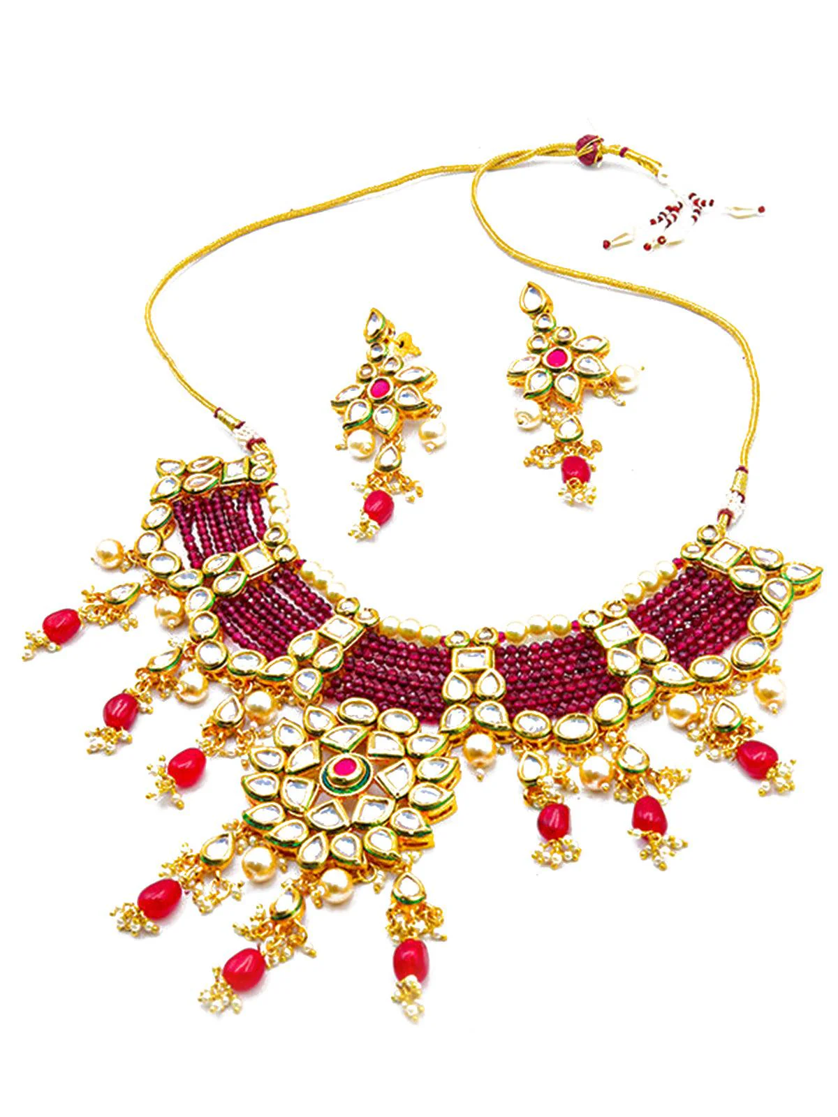 Odette Women Traditional Polki Wine & Pink Crystal Stones Kundan Choker With Earrings - Image 3