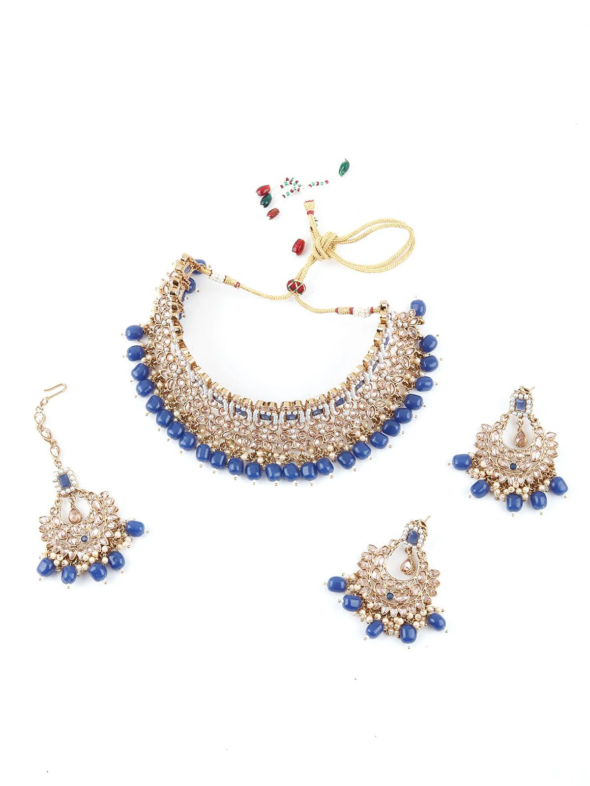 Odette Women Traditional Royal Blue And Gold Choker Necklace Set - Image 3