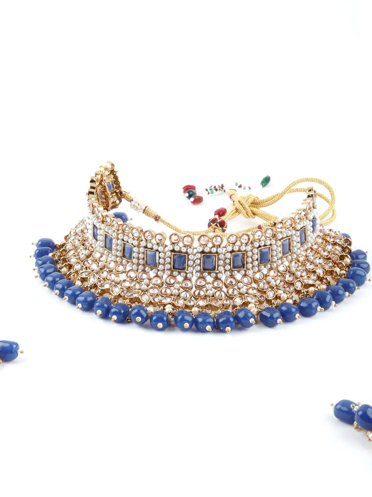 Odette Women Traditional Royal Blue And Gold Choker Necklace Set - Image 6